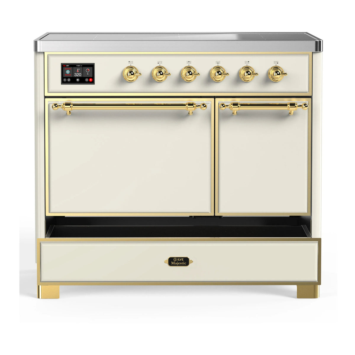 Antique white induction range with brass trim; oven doors closed and storage drawer open