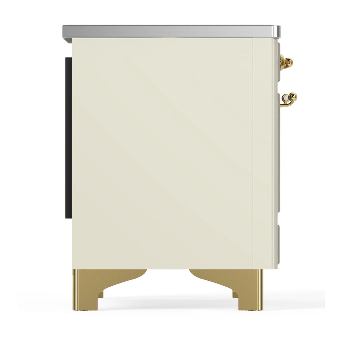 Antique white induction range side panel with brass feet and handle