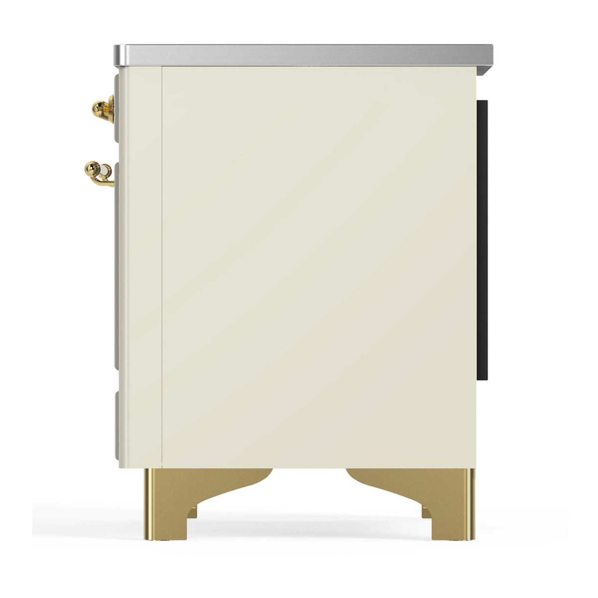 Antique white induction range rear/side panel with brass hardware and legs
