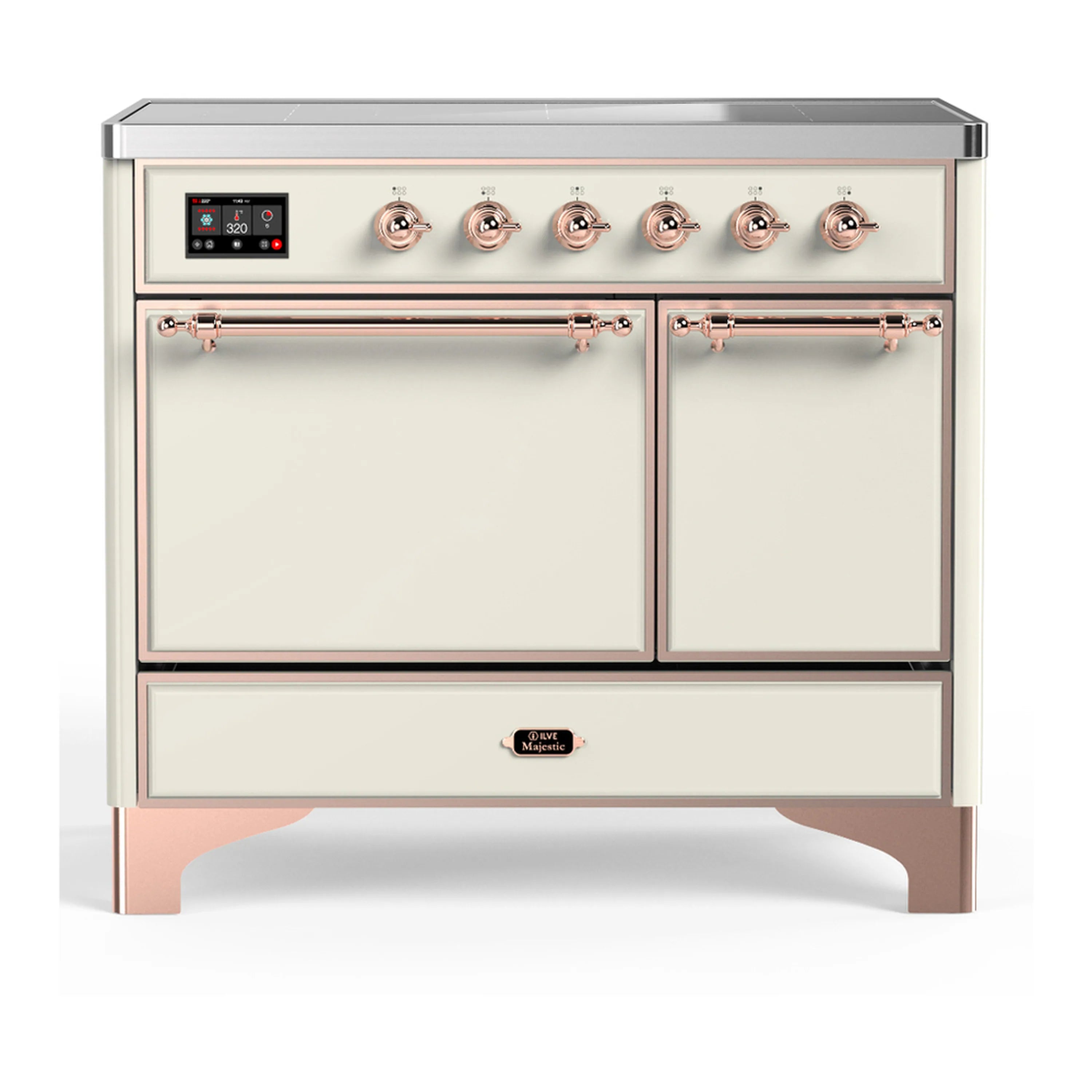 Antique white induction range with copper trim, two oven doors, and six induction knobs