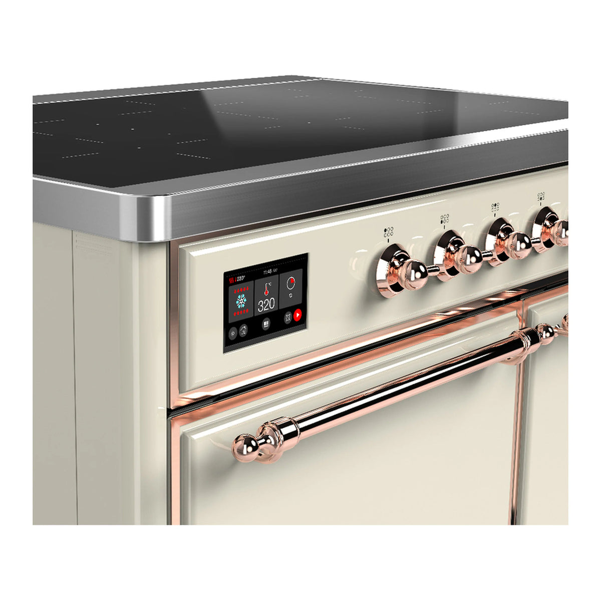 Antique white induction range control panel with digital display and copper-trimmed knobs