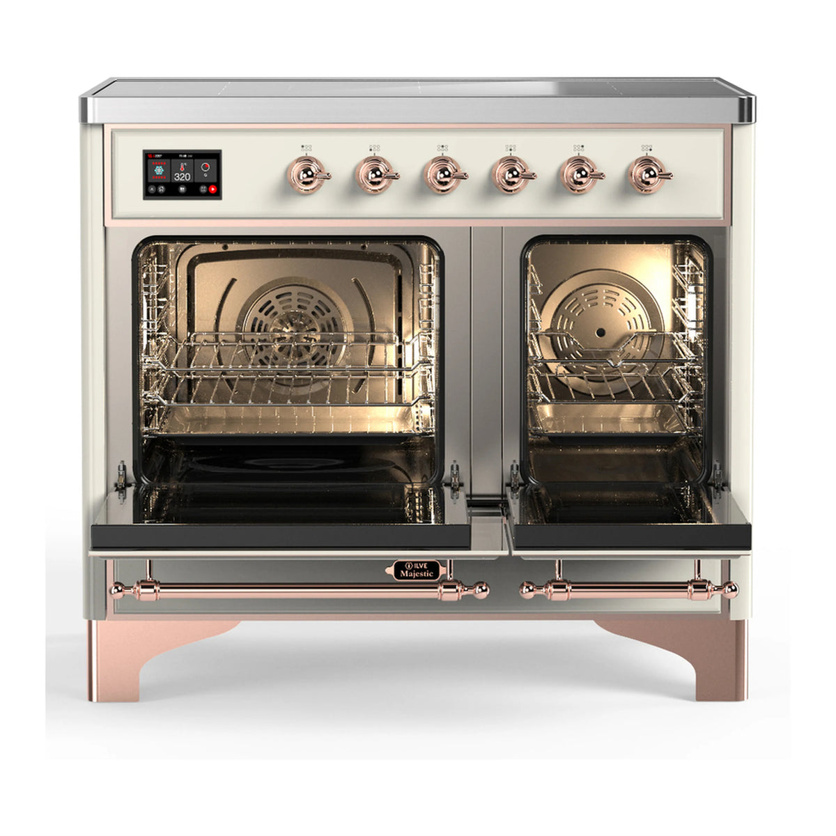 Antique white induction range with both oven doors open and copper-trimmed controls