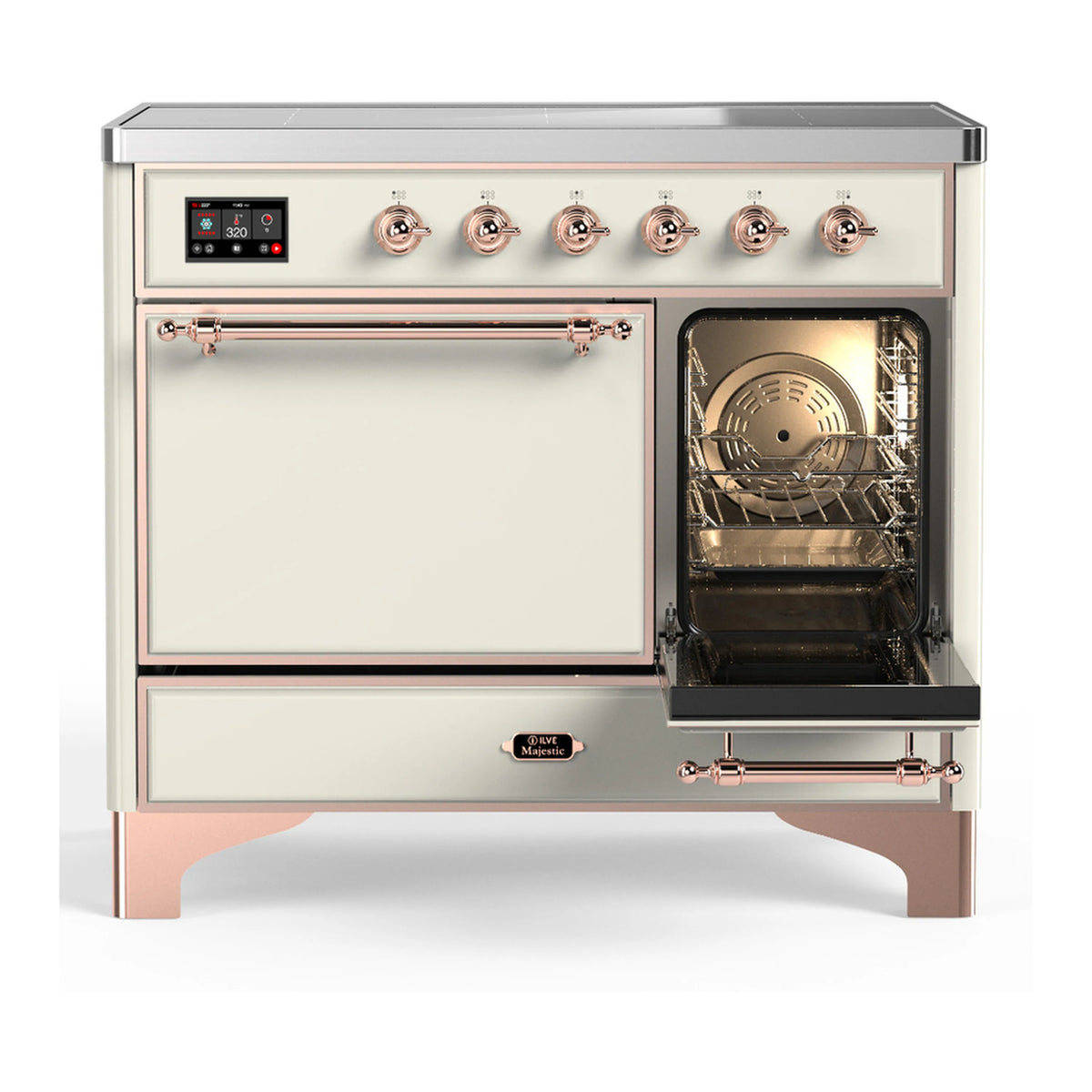 Antique white induction range with one oven door open, copper-trimmed control knobs