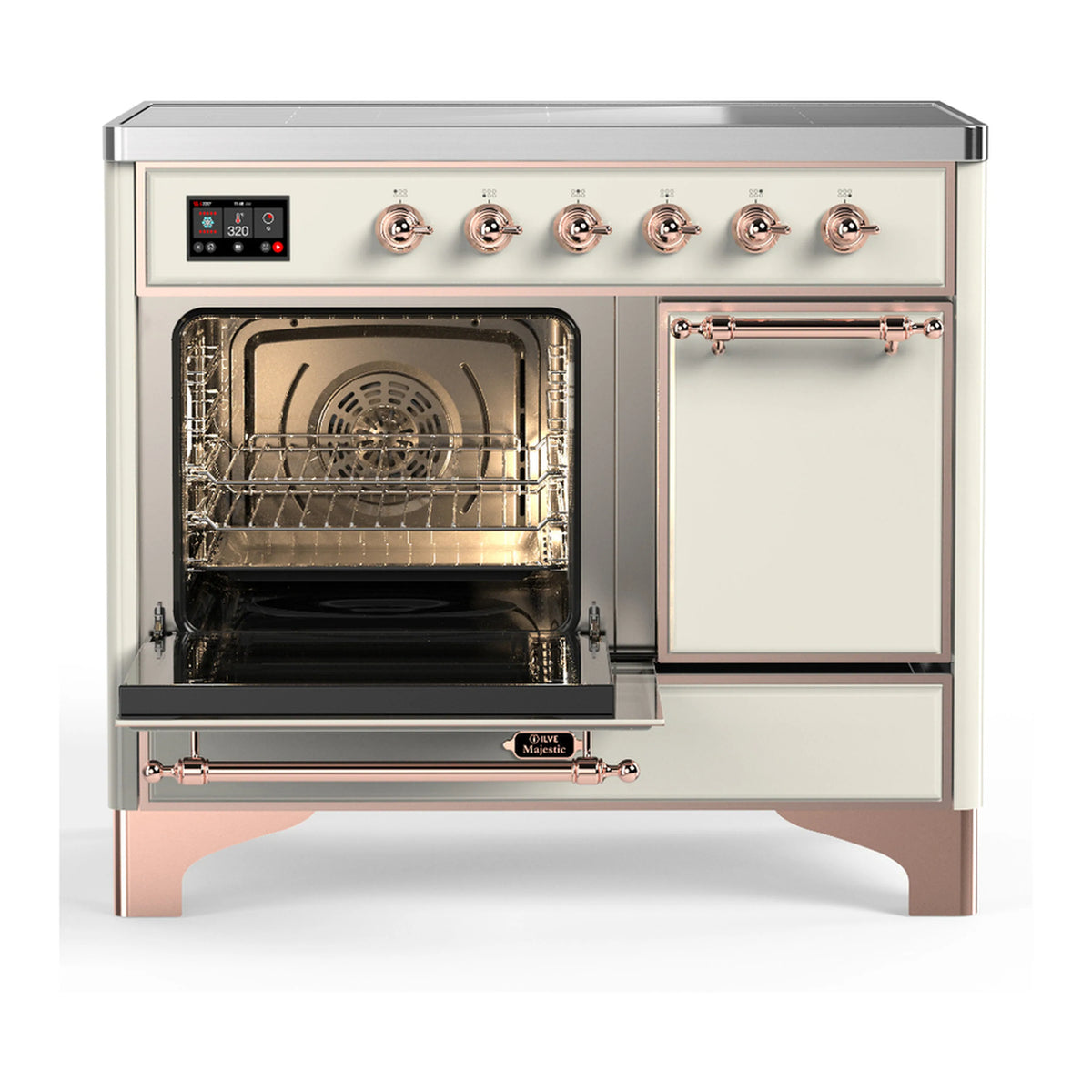 Antique white induction range with oven door open and copper-trimmed oven controls