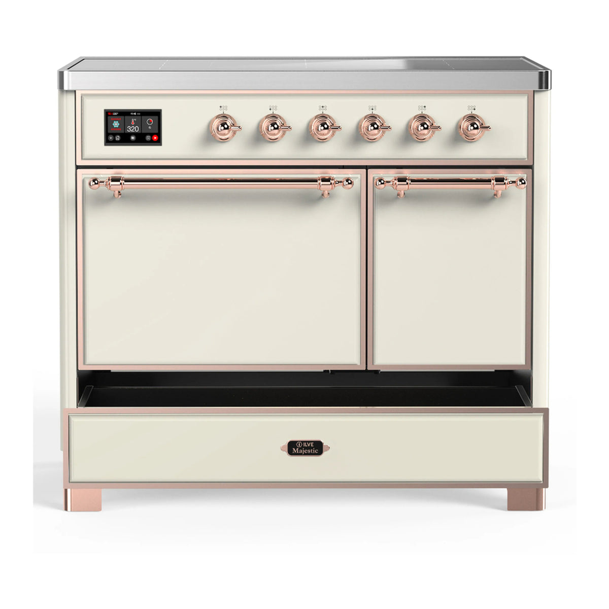 Antique white induction range with oven door closed and copper-trimmed front handles