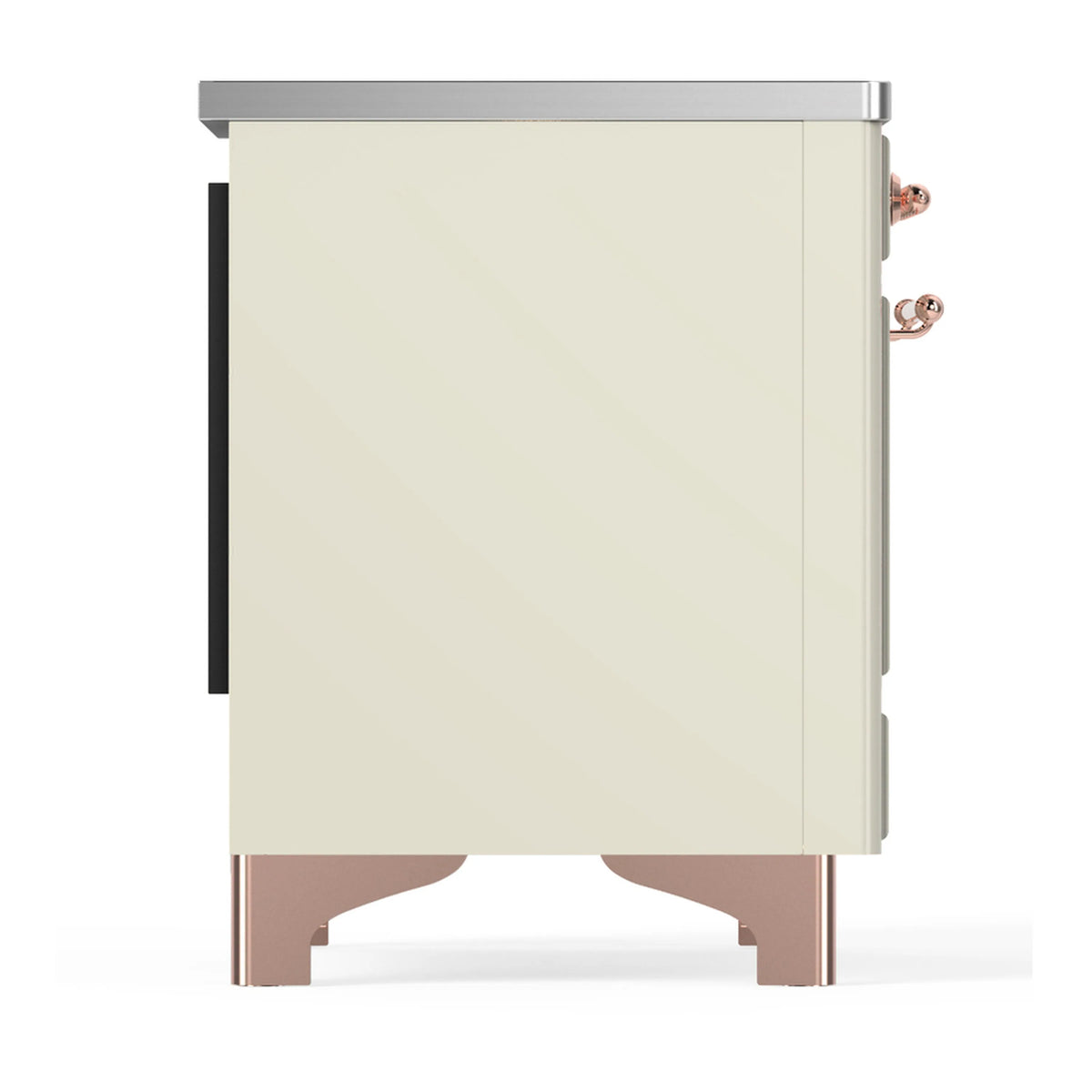 Antique white side panel of an induction range with copper handle details