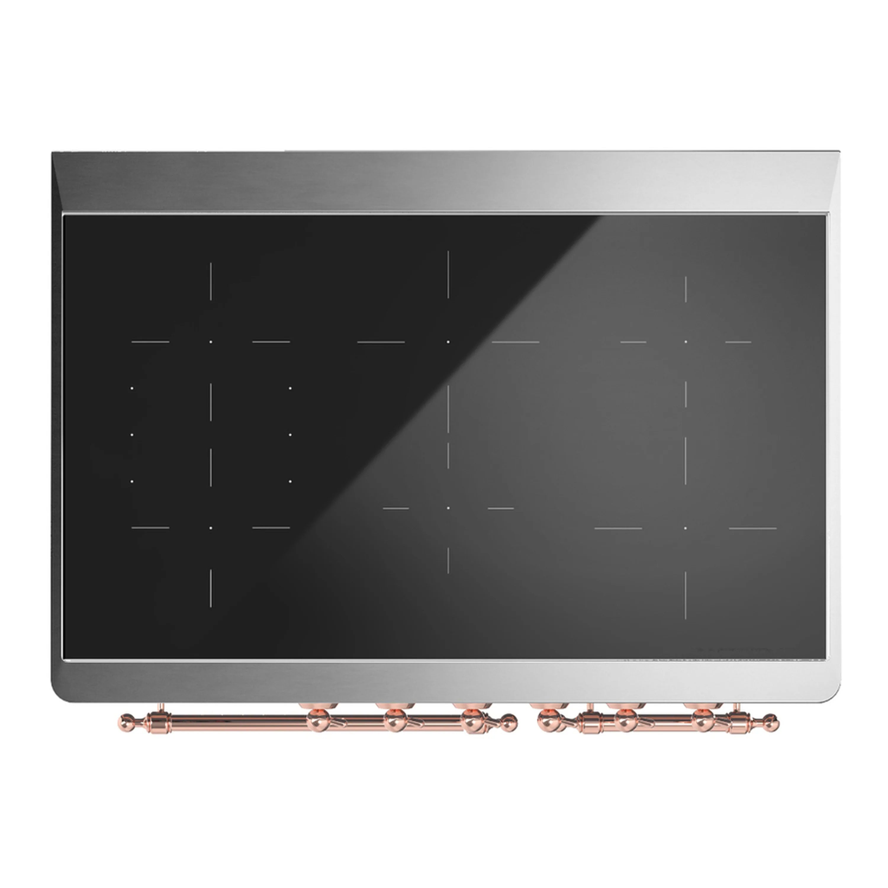 Antique white induction cooktop with dark glass surface and copper-trimmed front rail
