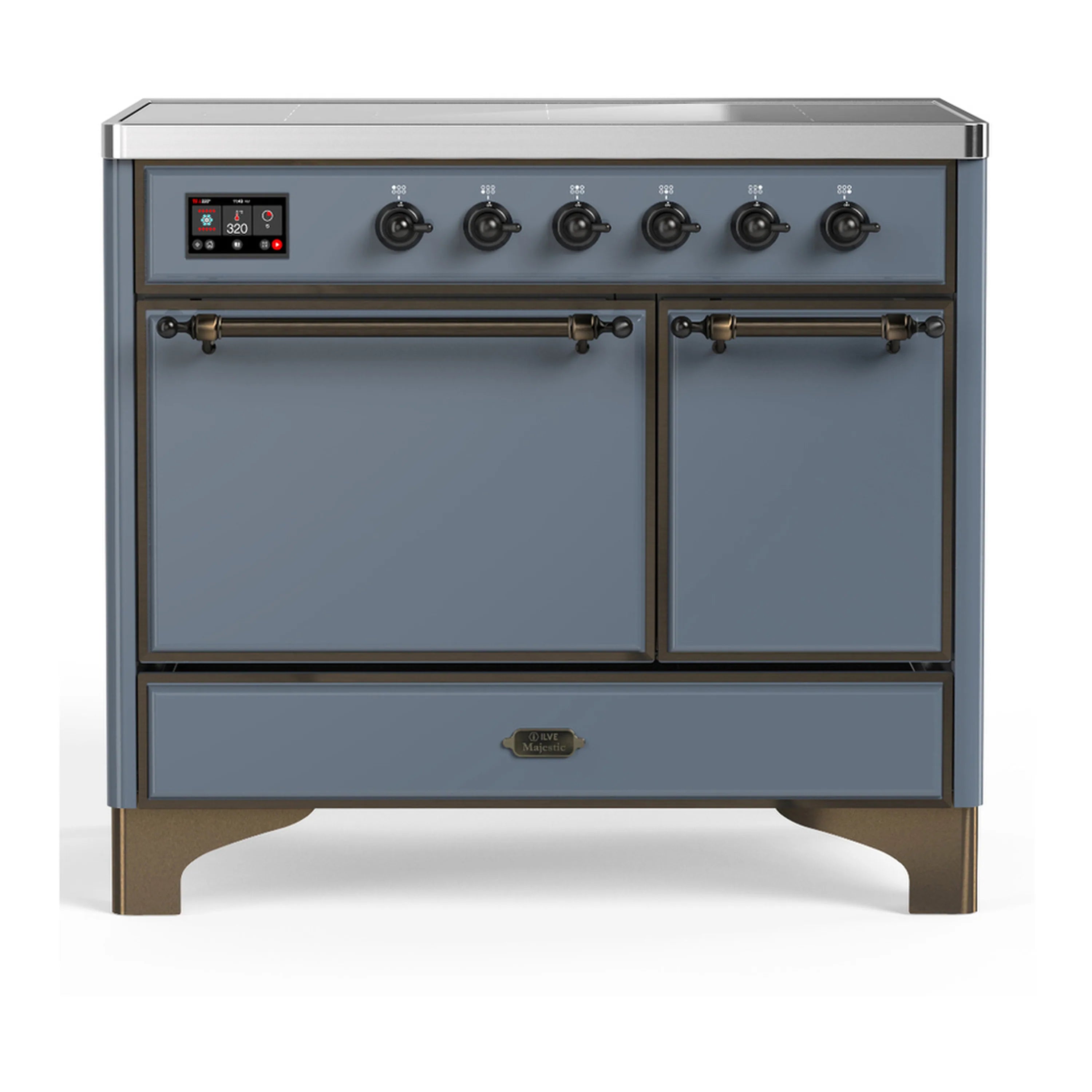 ILVE blue-grey induction range with 6 burners, two solid doors, and gold trim