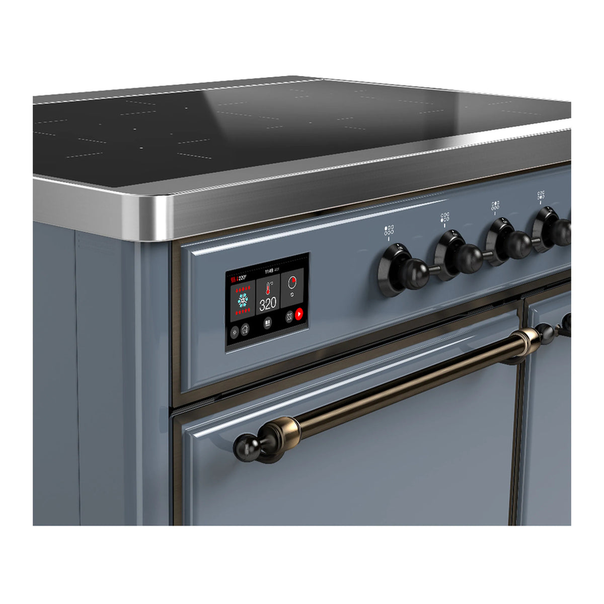ILVE induction range control panel with digital display and black burner knobs