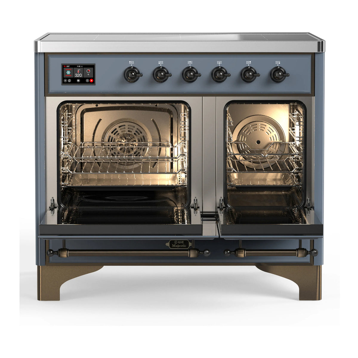 ILVE induction range with two ovens open, metal racks inside, and warm oven lights