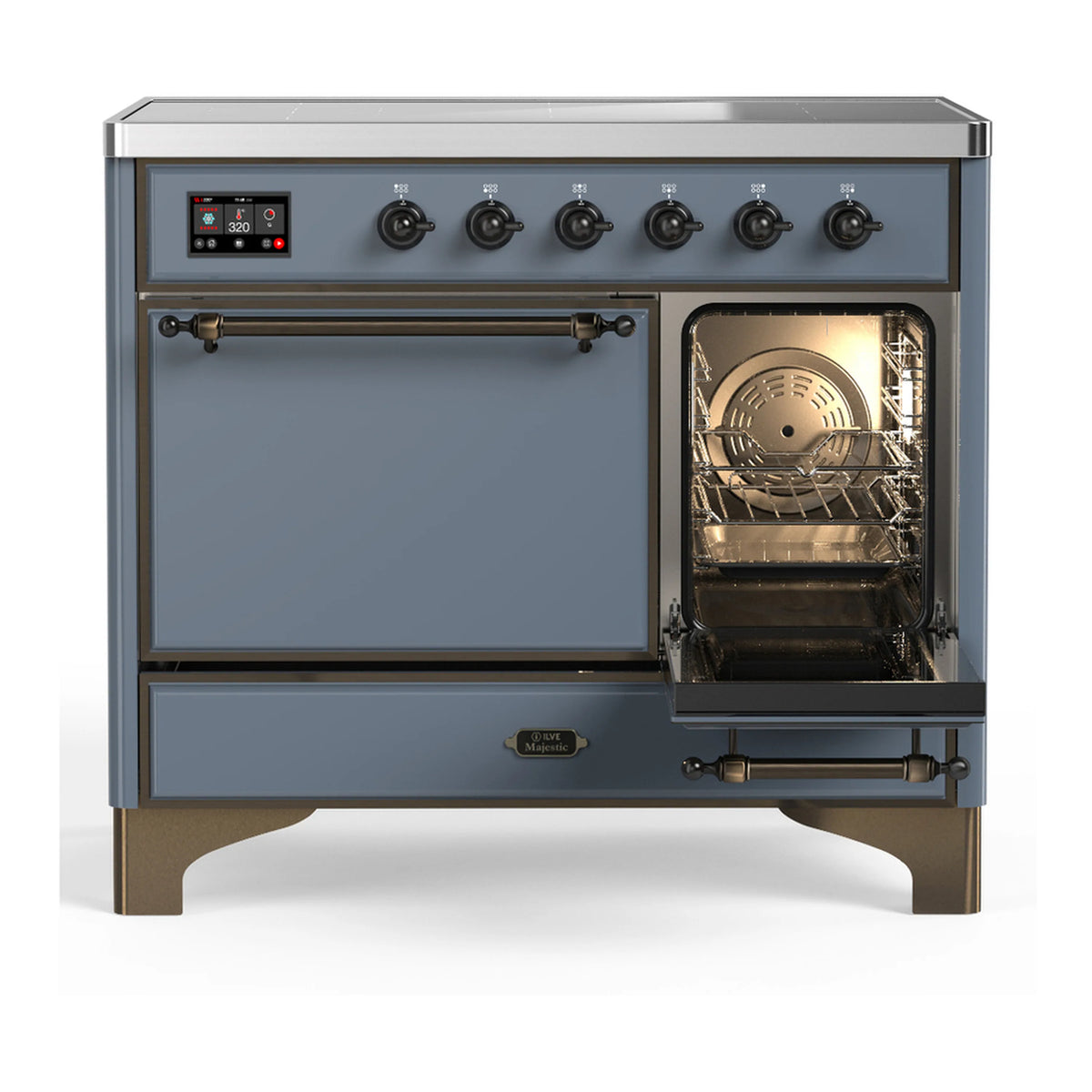 ILVE induction range with left cabinet door closed and right oven door open