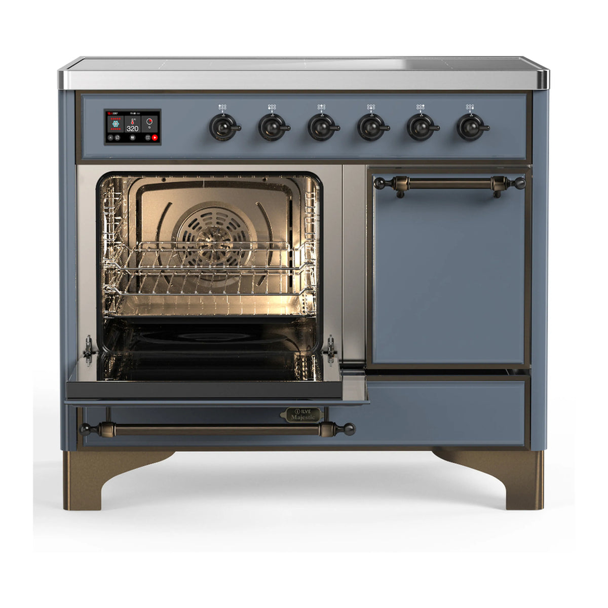 ILVE induction range with left oven door open and right solid door closed
