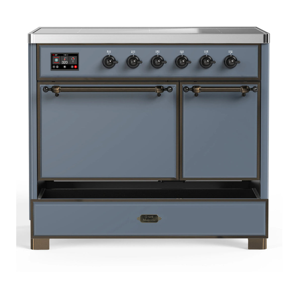 ILVE blue-grey induction range front view with cooktop knobs and lower storage drawer
