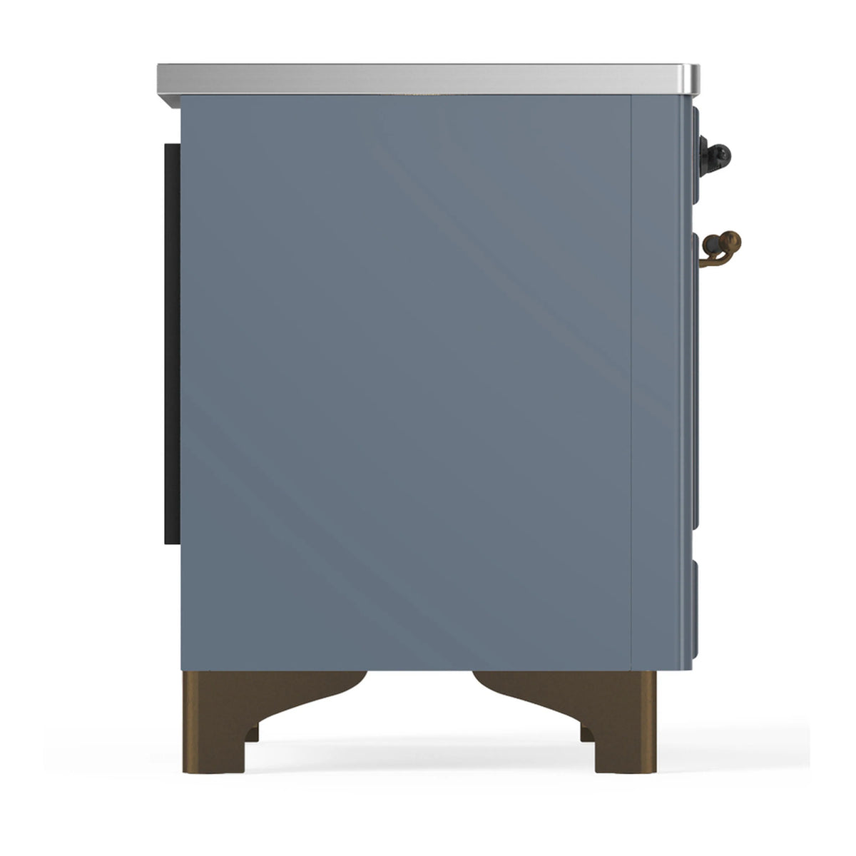 ILVE blue-grey induction range side view with side handles and brushed trim
