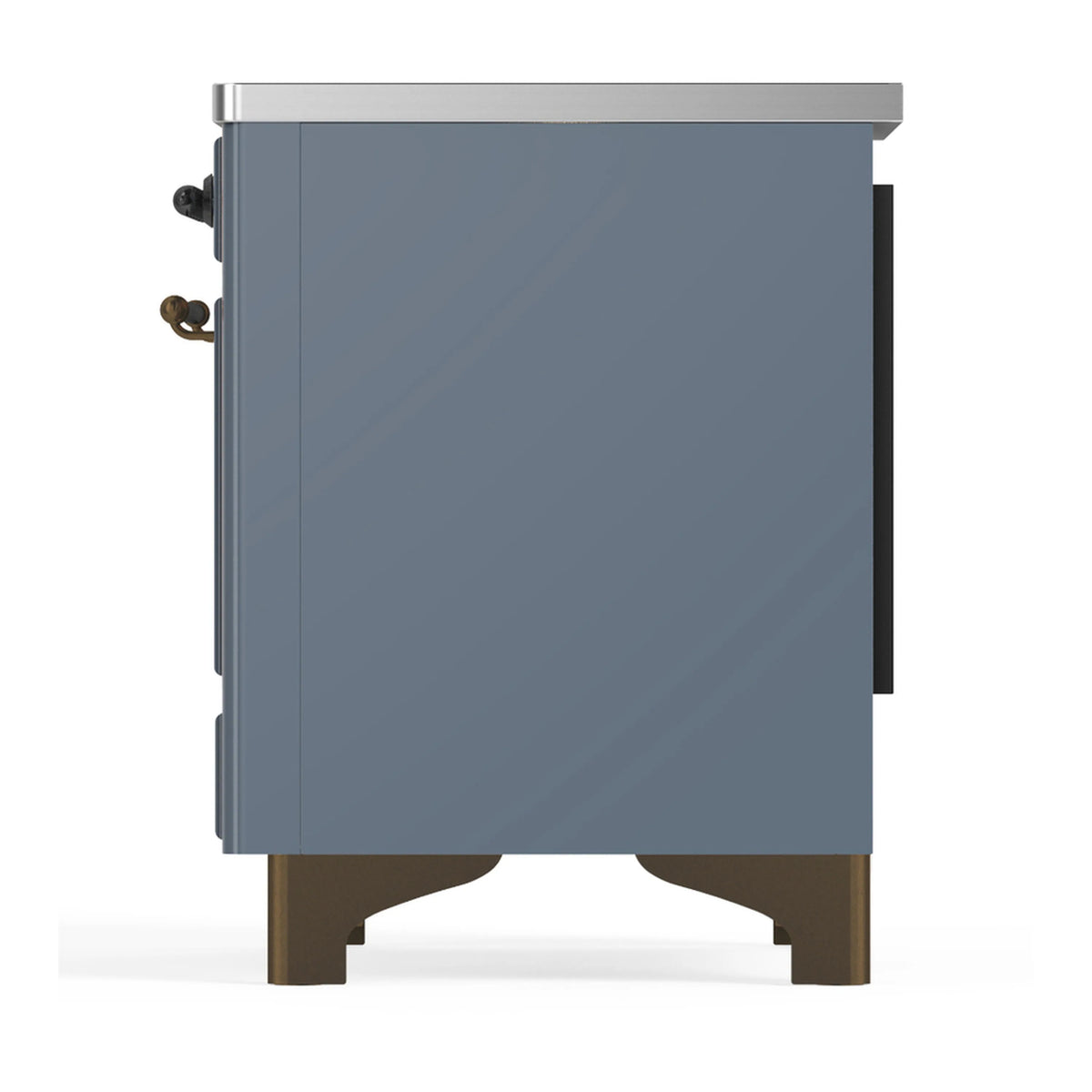 ILVE blue-grey induction range rear side view with side handles and bronze feet