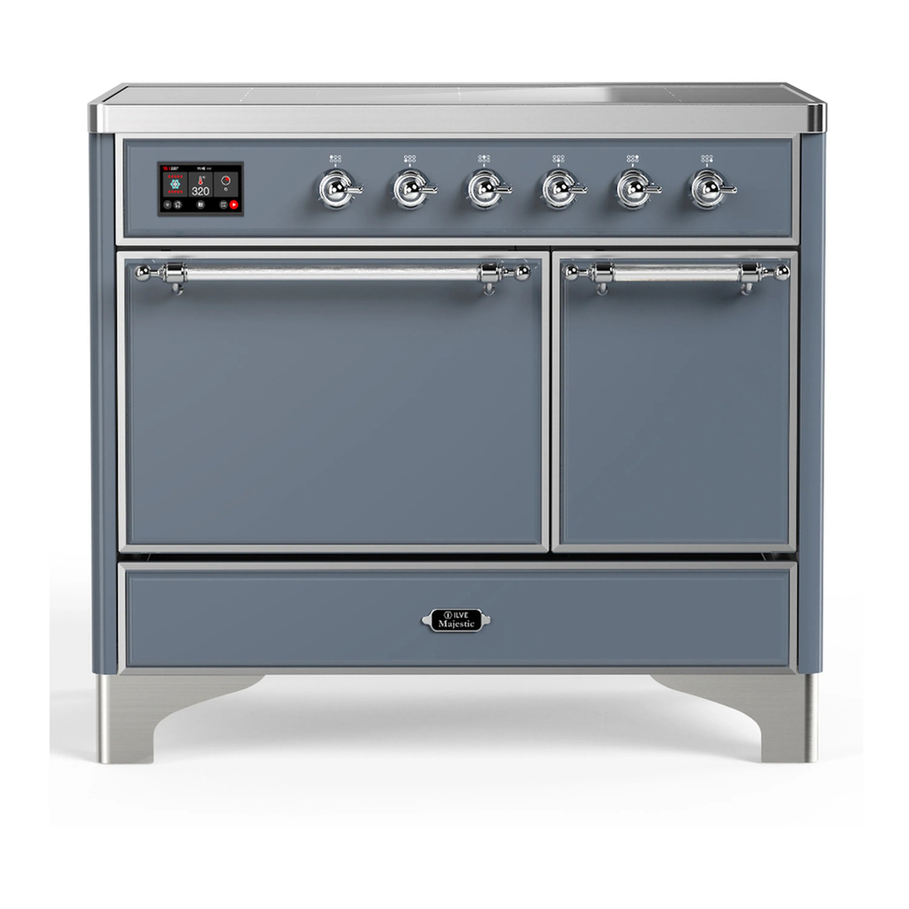 Blue grey induction range with two oven doors, chrome trim, and control panel