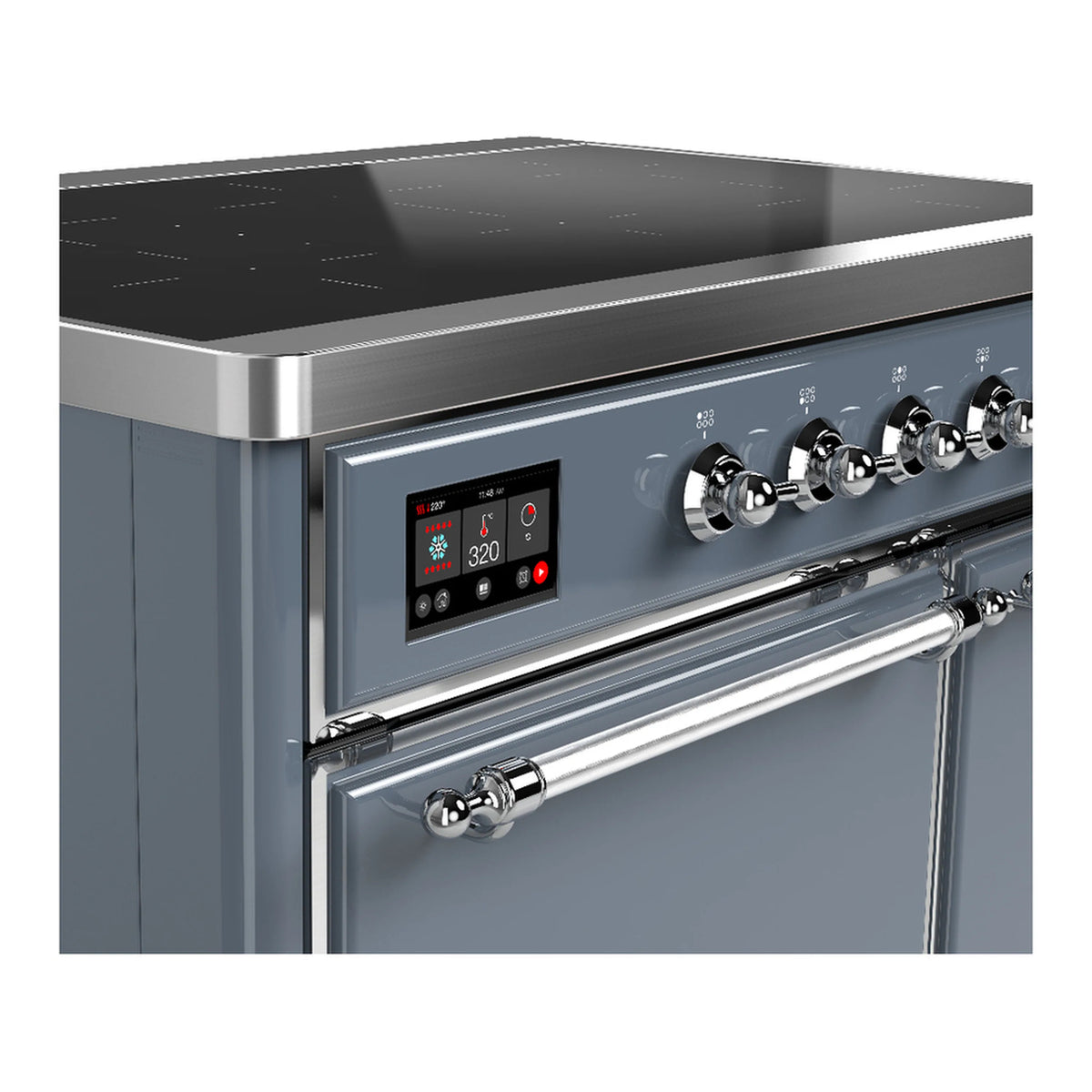 Blue grey induction range control panel with digital display and metal knob row