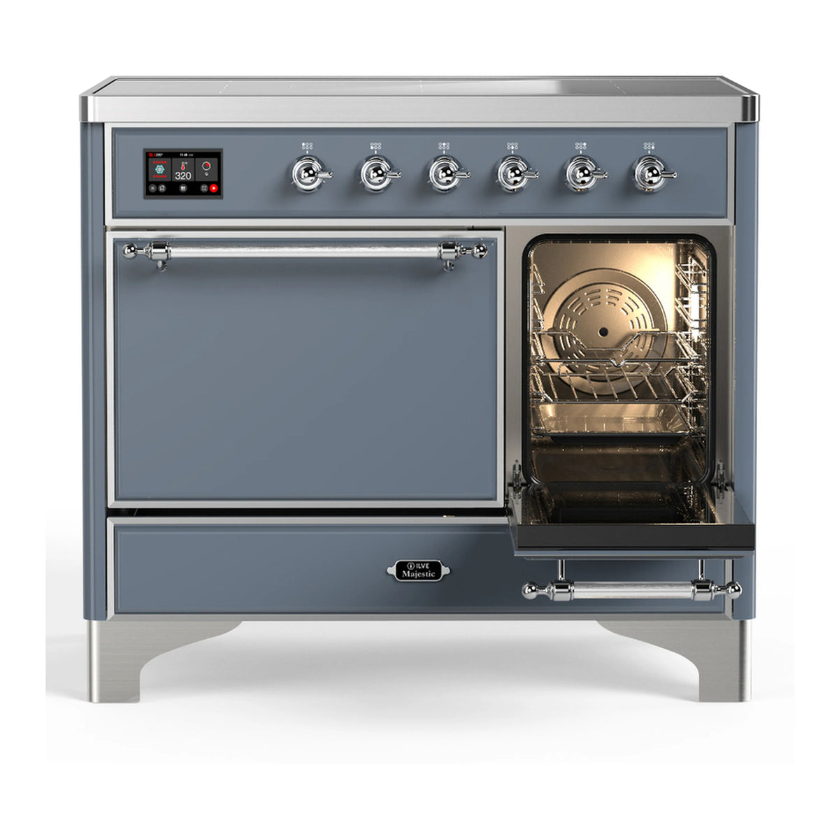 Blue grey induction range with oven door open, interior light and racks visible