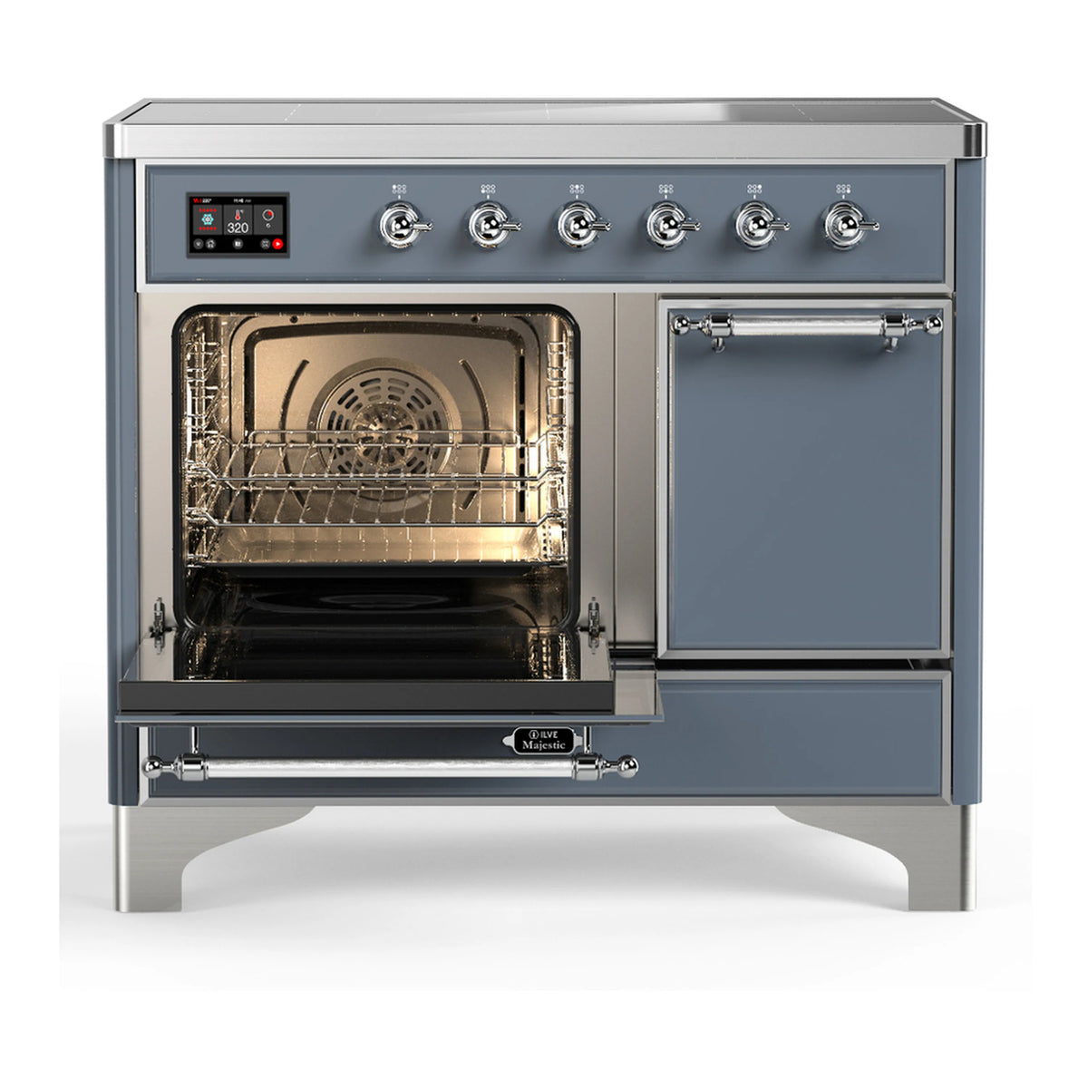 Blue grey induction range with upper oven door open and lower warming drawer closed