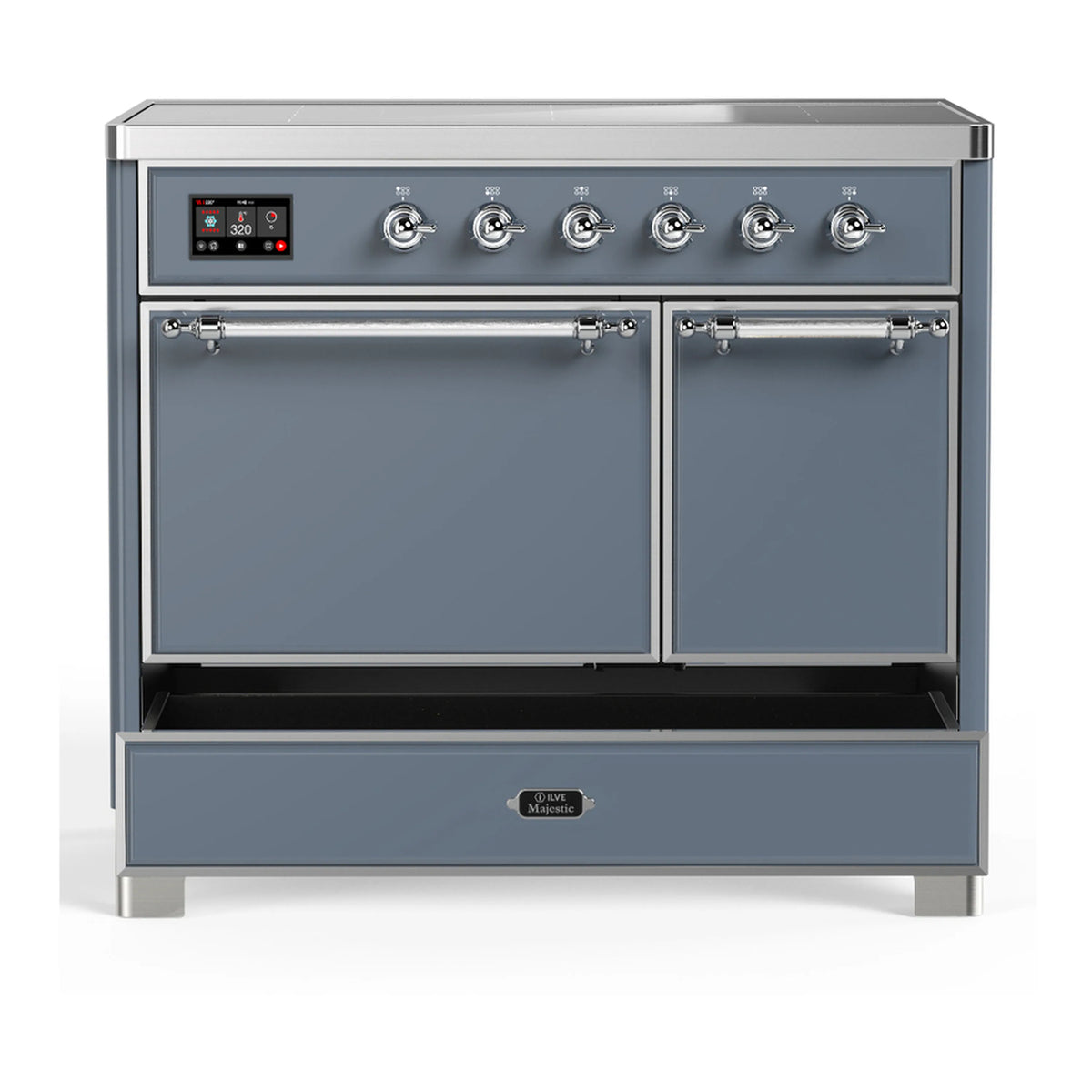 Blue grey induction range with oven doors closed and warming drawer in lower panel