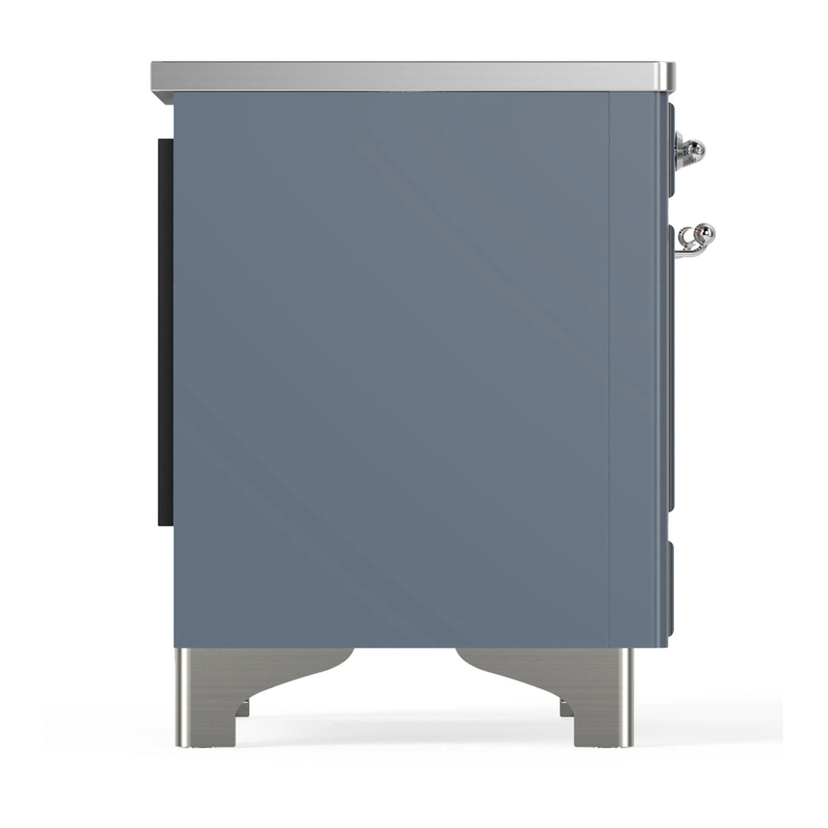 Side view of blue grey induction range with chrome base and door handle