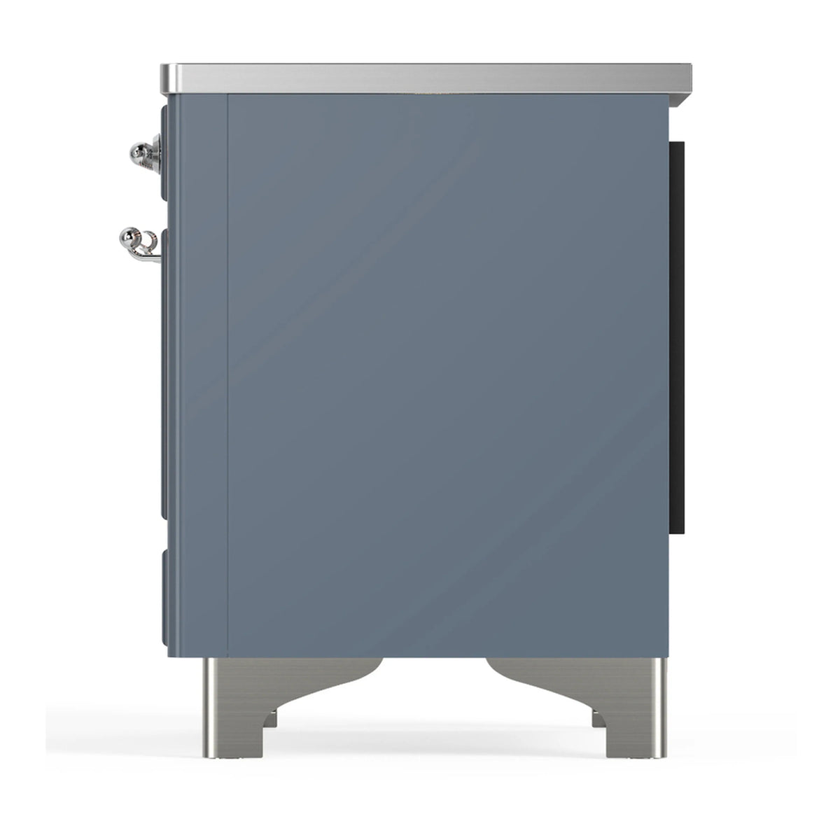 Reverse side view of blue grey induction range with chrome feet and handles