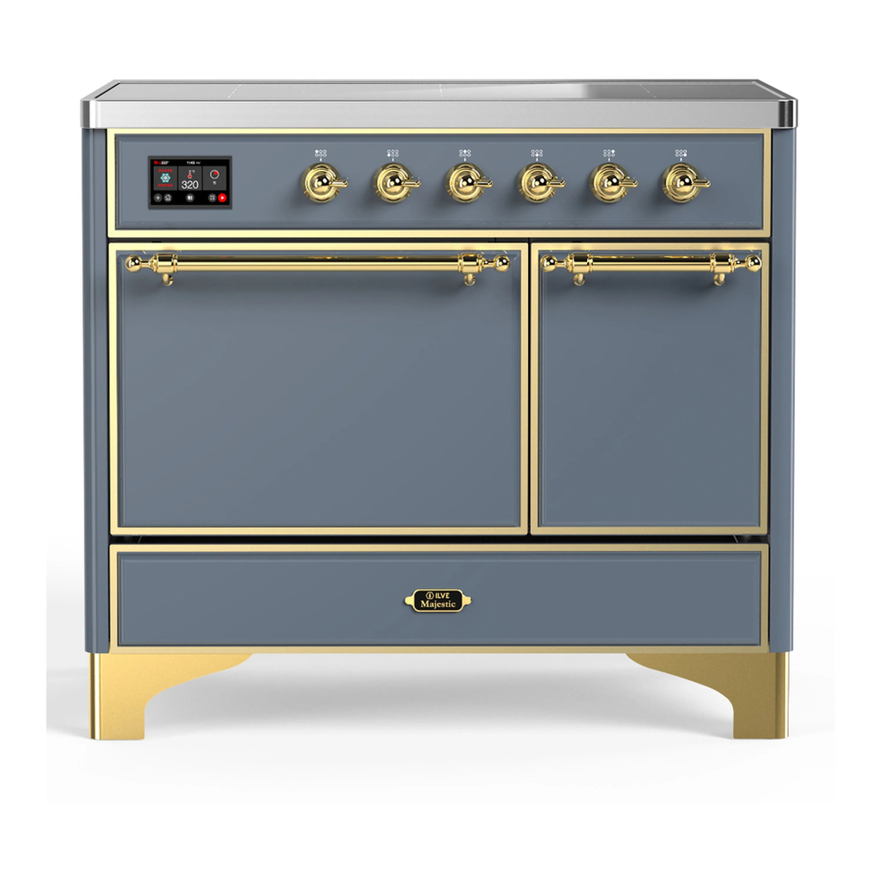 Blue grey induction range with brass trim, front control panel, two cabinet doors
