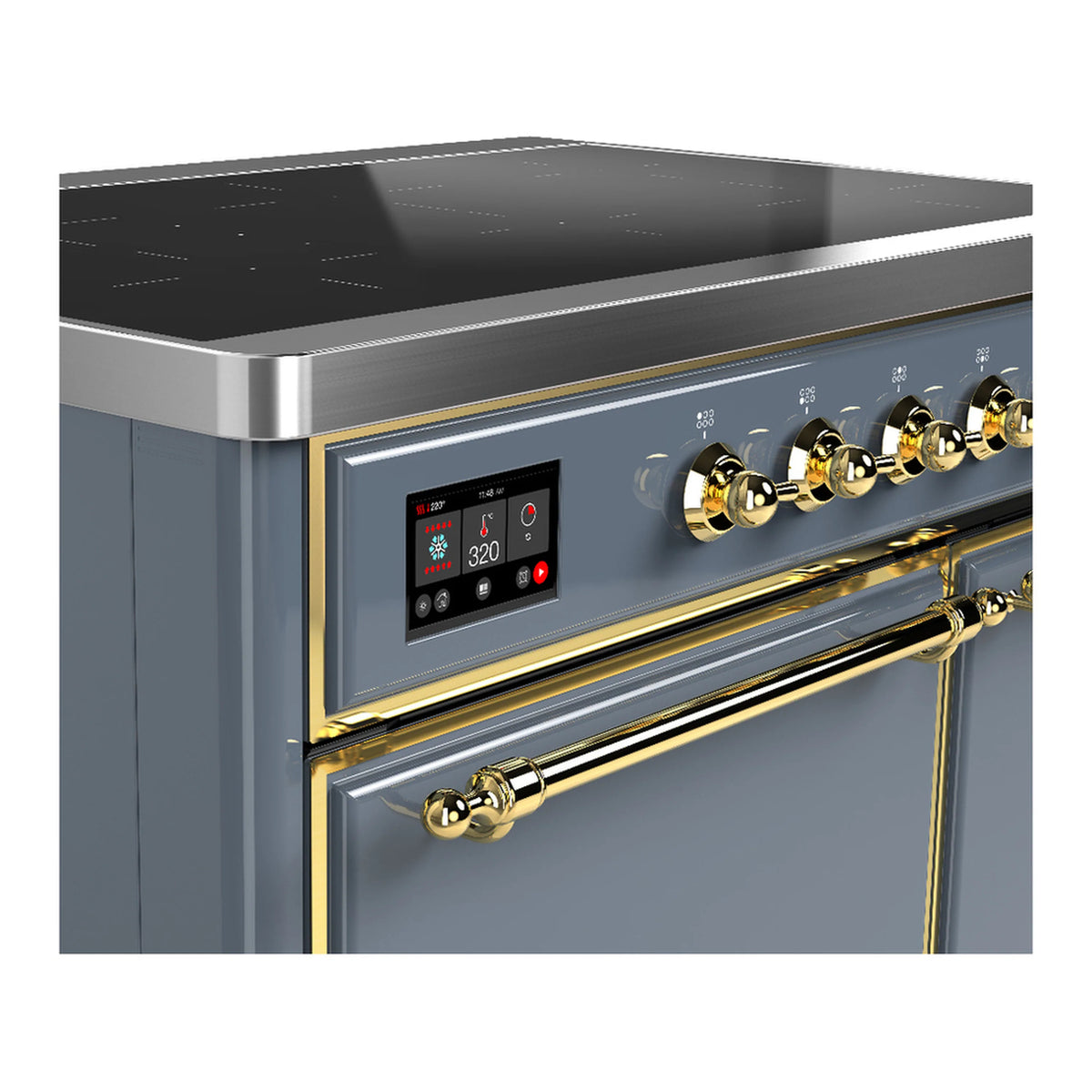Induction range control panel with digital display and brass knobs and trim