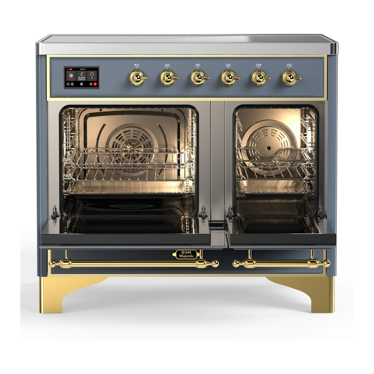 Induction range with two oven doors open, showing oven racks and interior