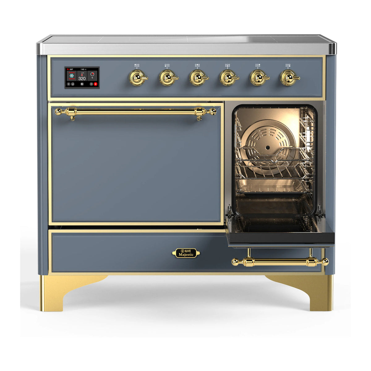 Blue grey induction range with brass trim, open oven door and solid oven door
