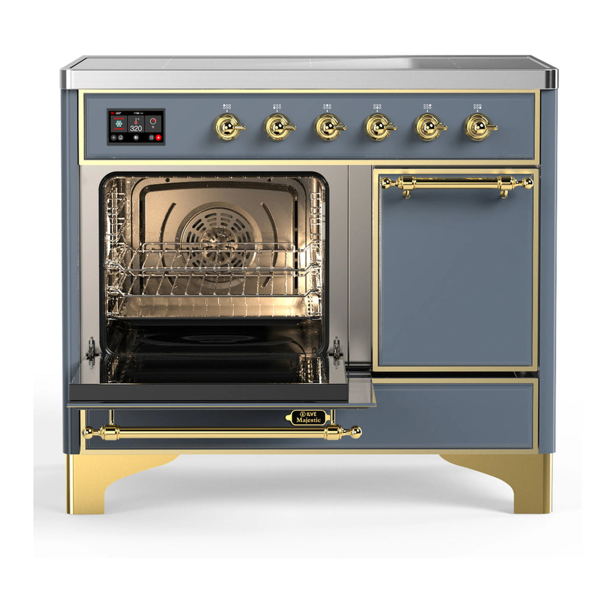 Induction range with oven door open, interior racks visible, brass handles and trim