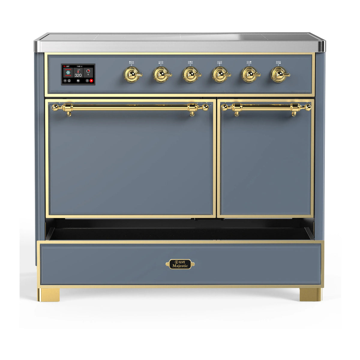 Blue grey induction range with brass trim, front knobs and dual cabinet doors