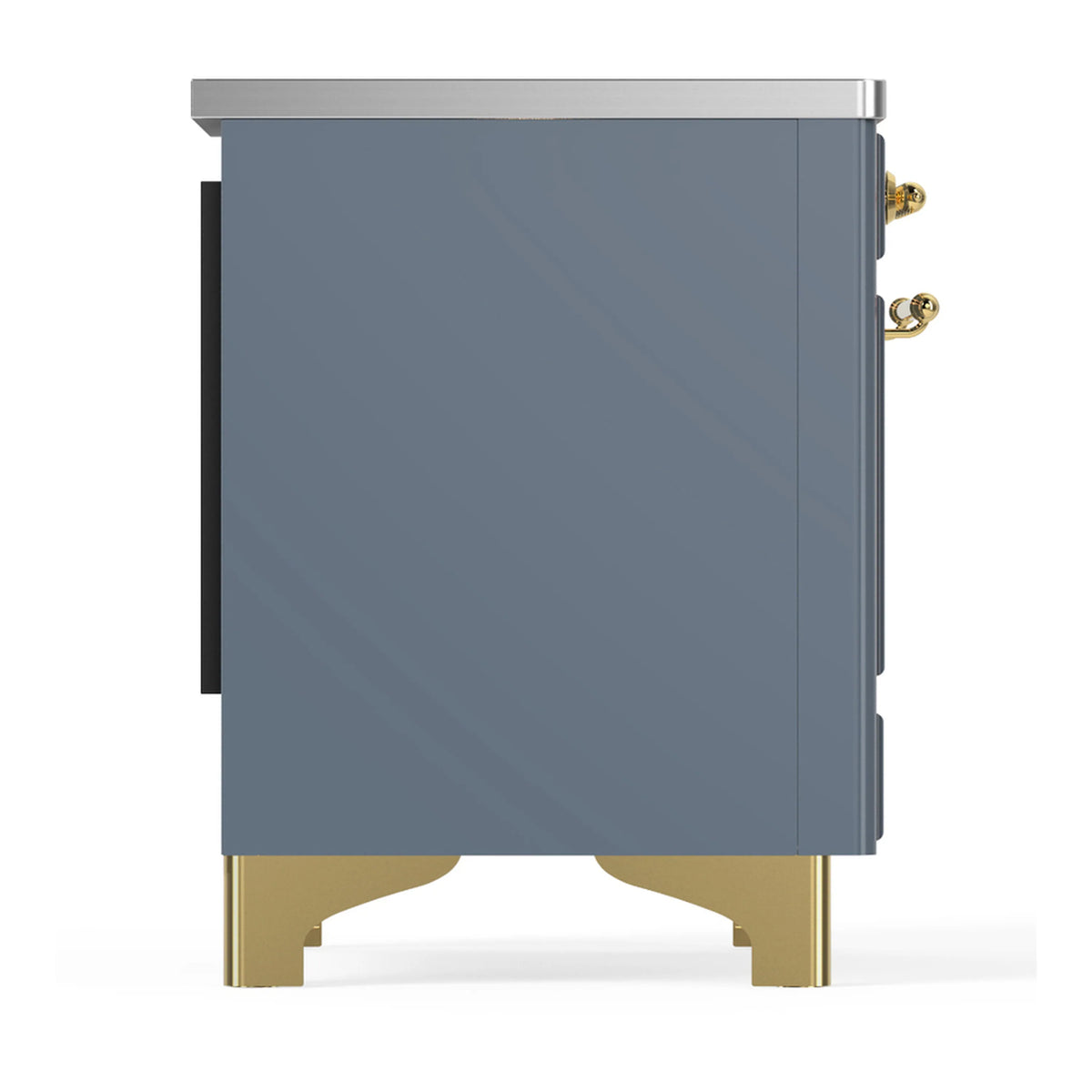 Side view of blue grey induction range cabinet with brass feet and knob trim