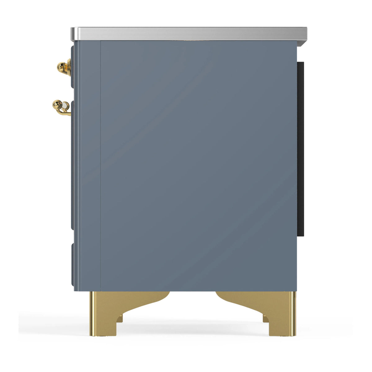 Rear side view of blue grey induction range with brass feet and side trim