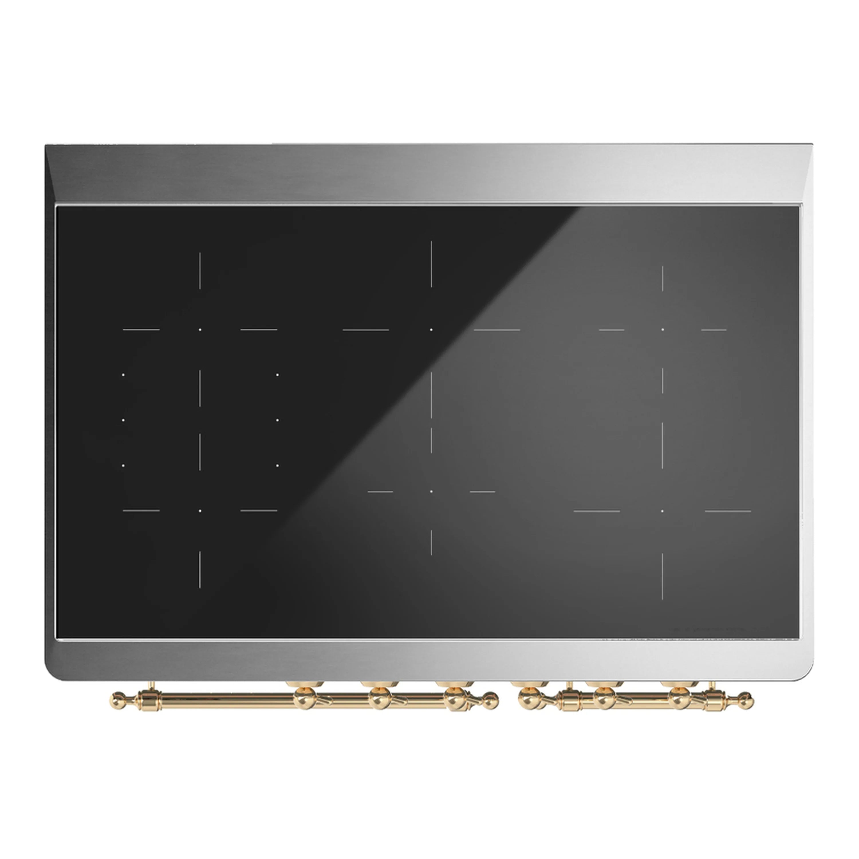 Induction range cooktop with dark glass surface and brass control knobs