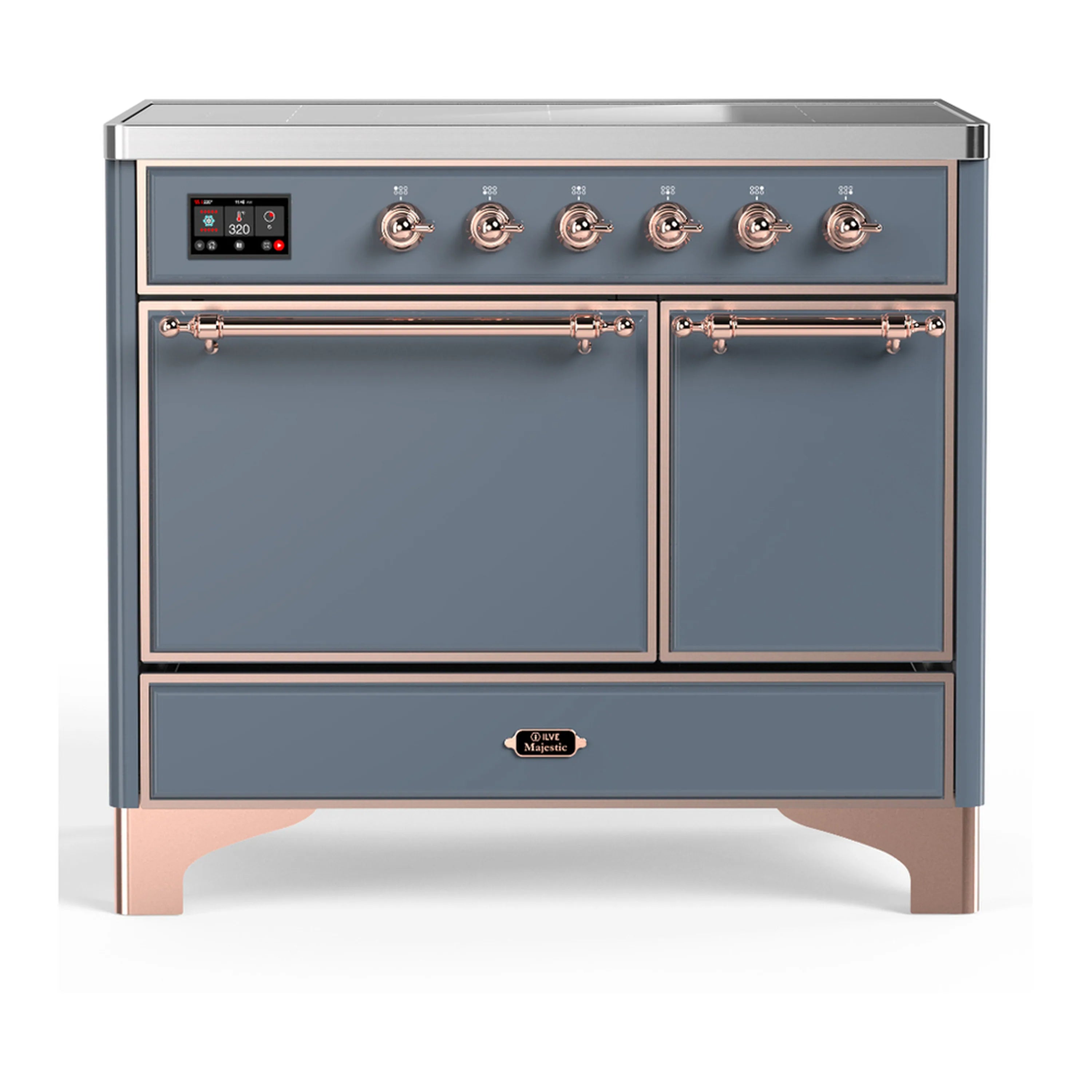 Blue grey induction range with copper-trim knobs, control panel, oven door, and drawer