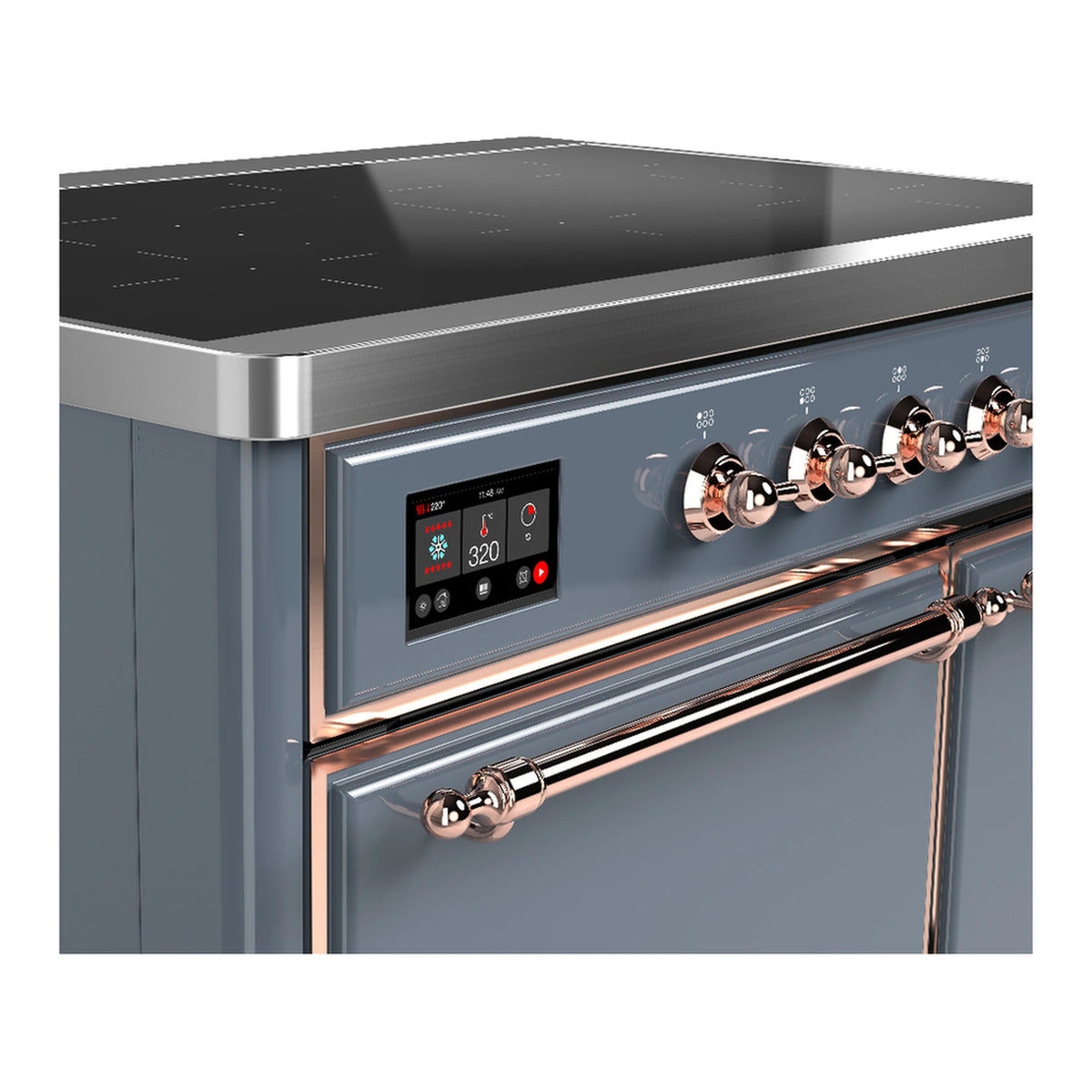 Blue grey induction range control panel with digital display and copper knob handles