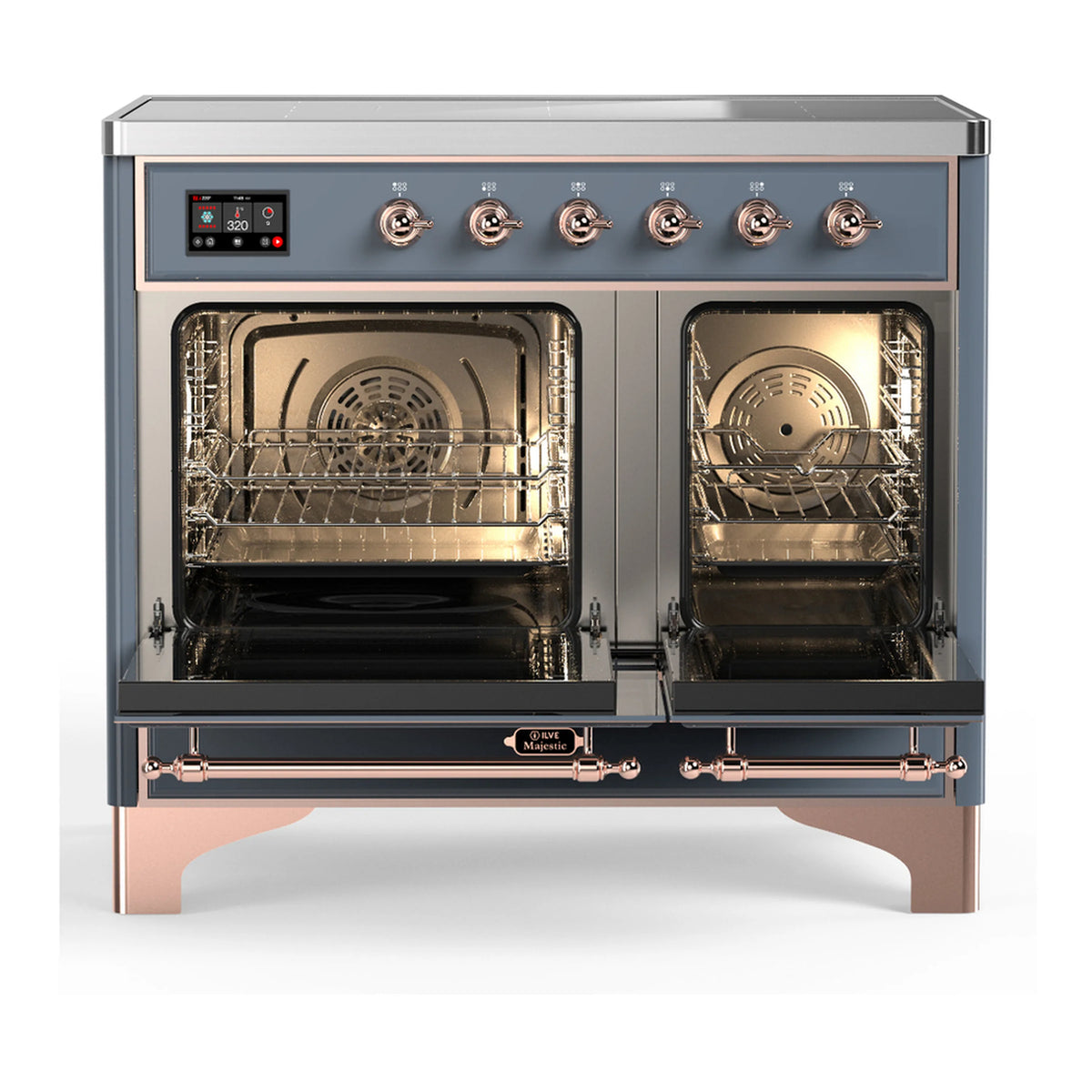 Blue grey induction range with open double oven doors and copper trim accents
