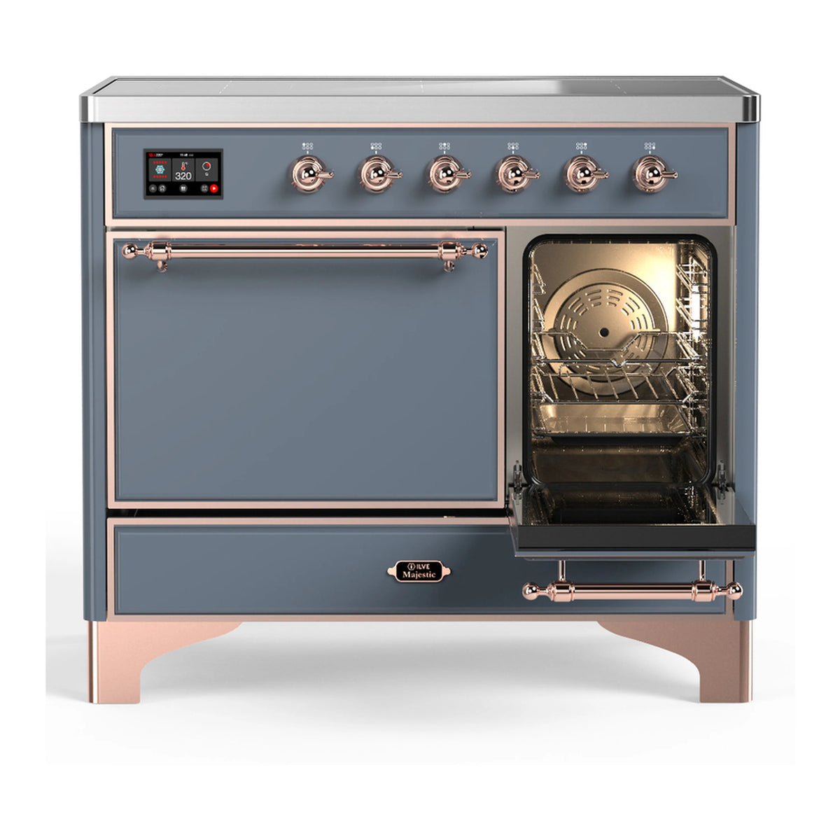 Blue grey induction range with copper-trim control panel, oven window, and storage drawer