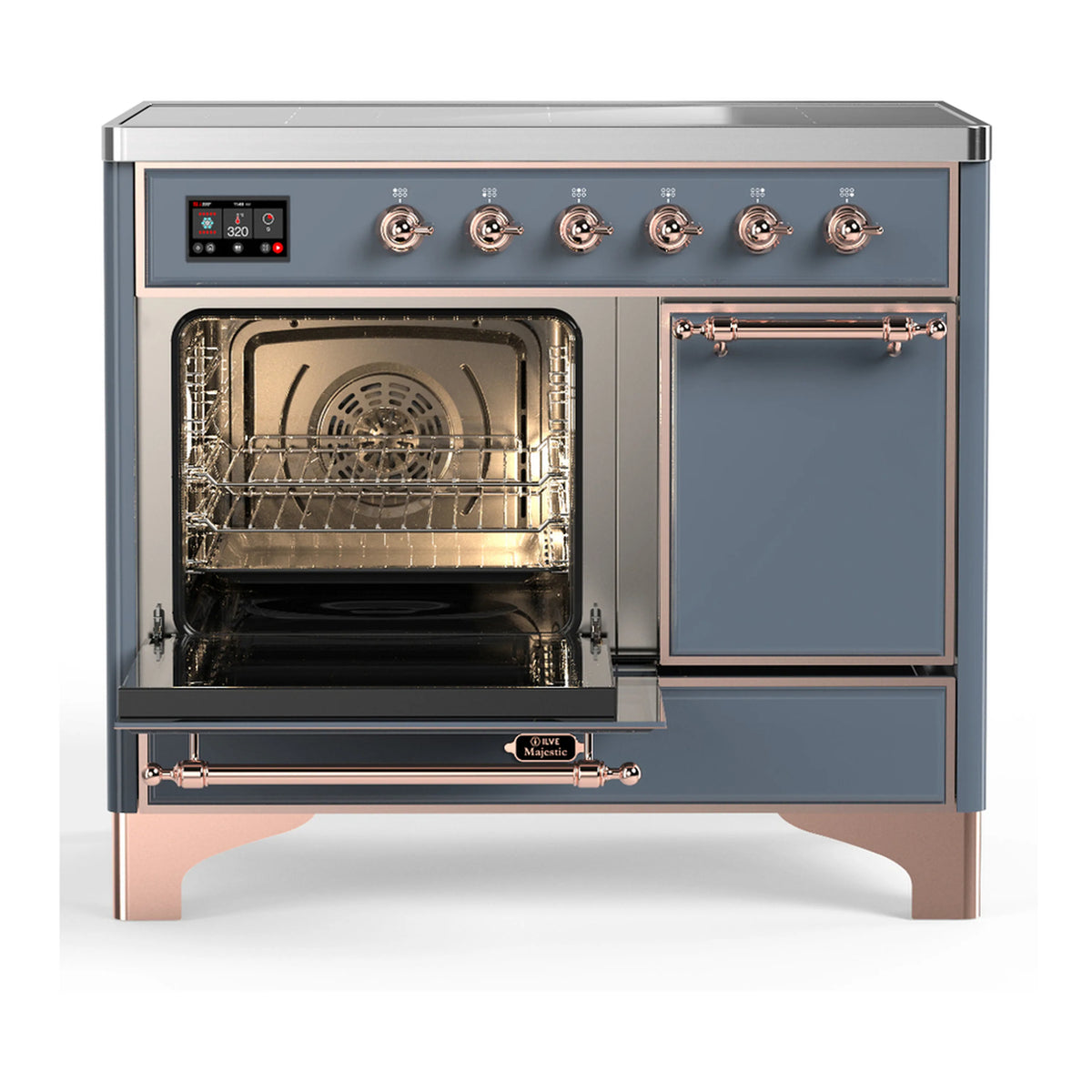 Blue grey induction range with open oven doors, glass windows, and copper-trim handles