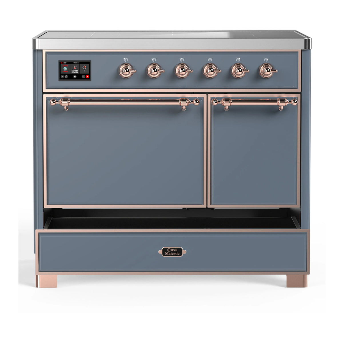 Blue grey induction range with copper-trim control panel and open storage drawer