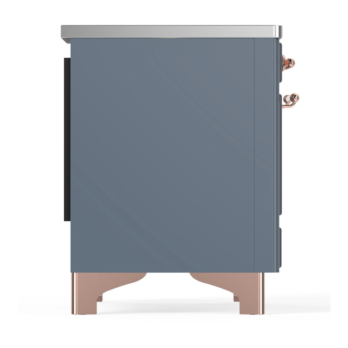 Blue grey side of induction range with copper handle and stainless top edge