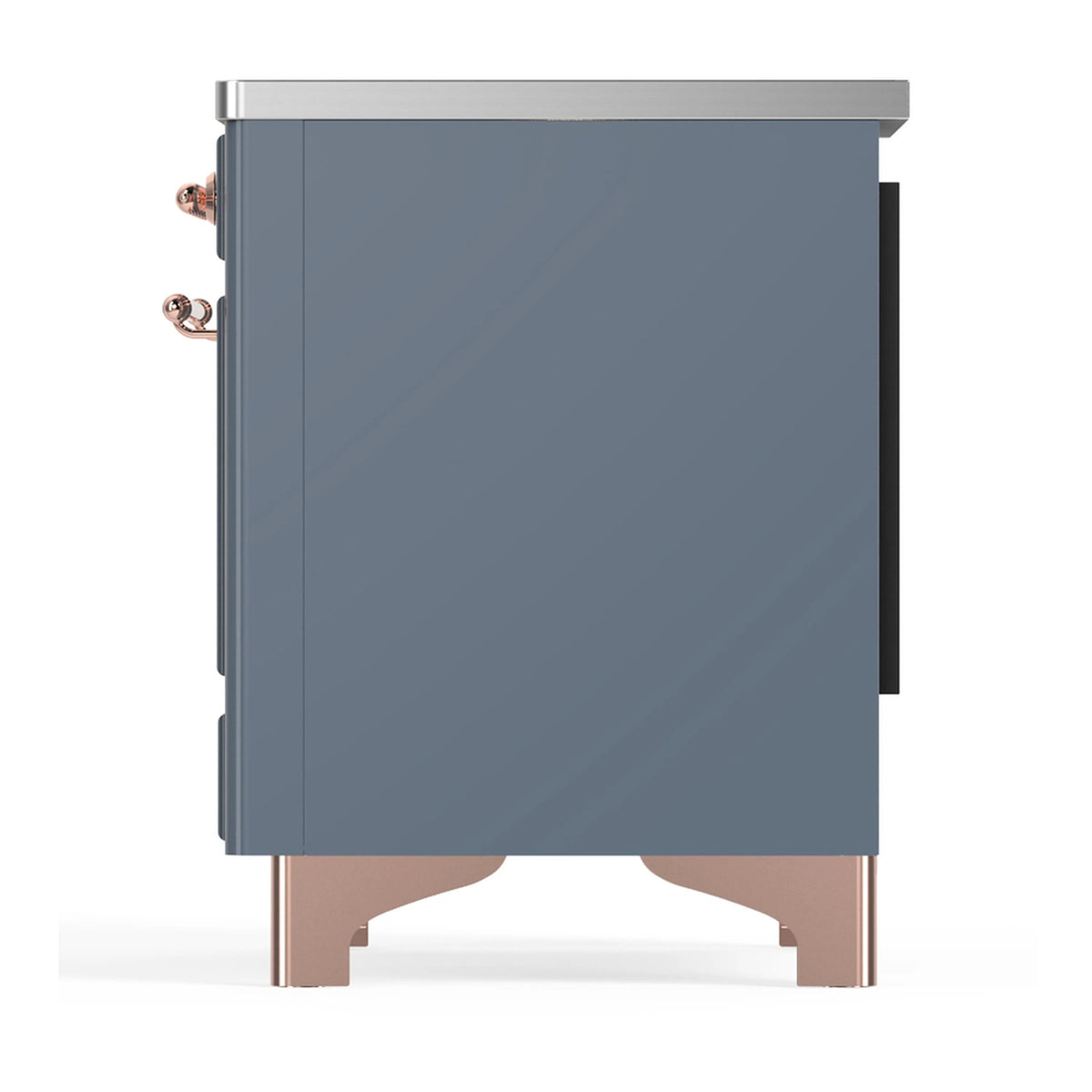 Blue grey side view of induction range with copper handles and raised legs