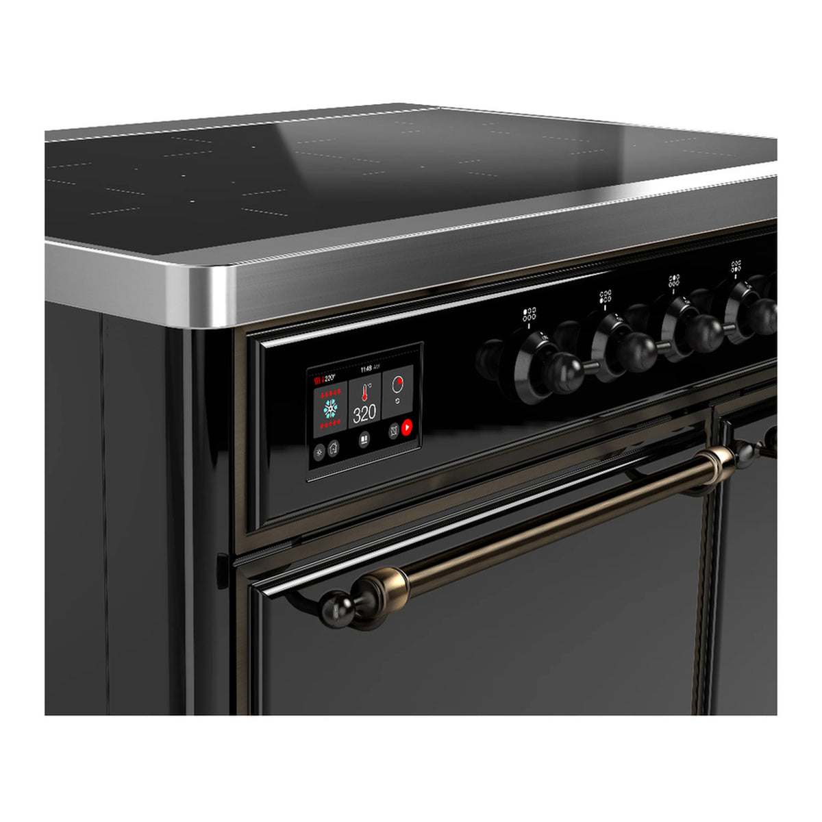 Induction range control panel with glowing display and burner knobs, close-up