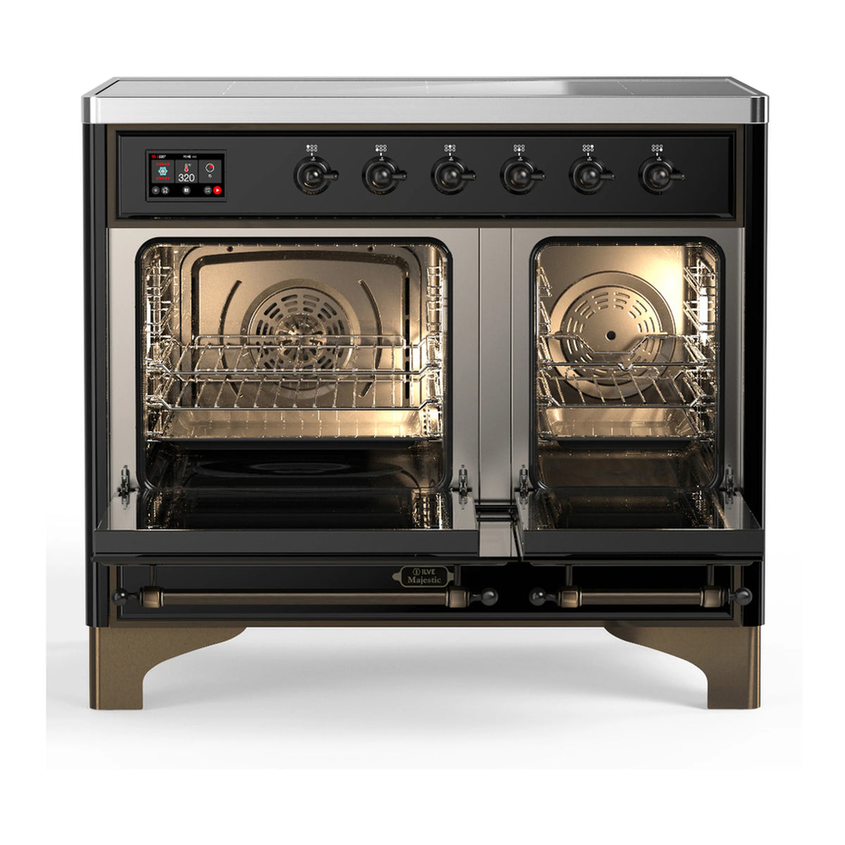 Black induction range with oven door open, showing interior racks and heating elements