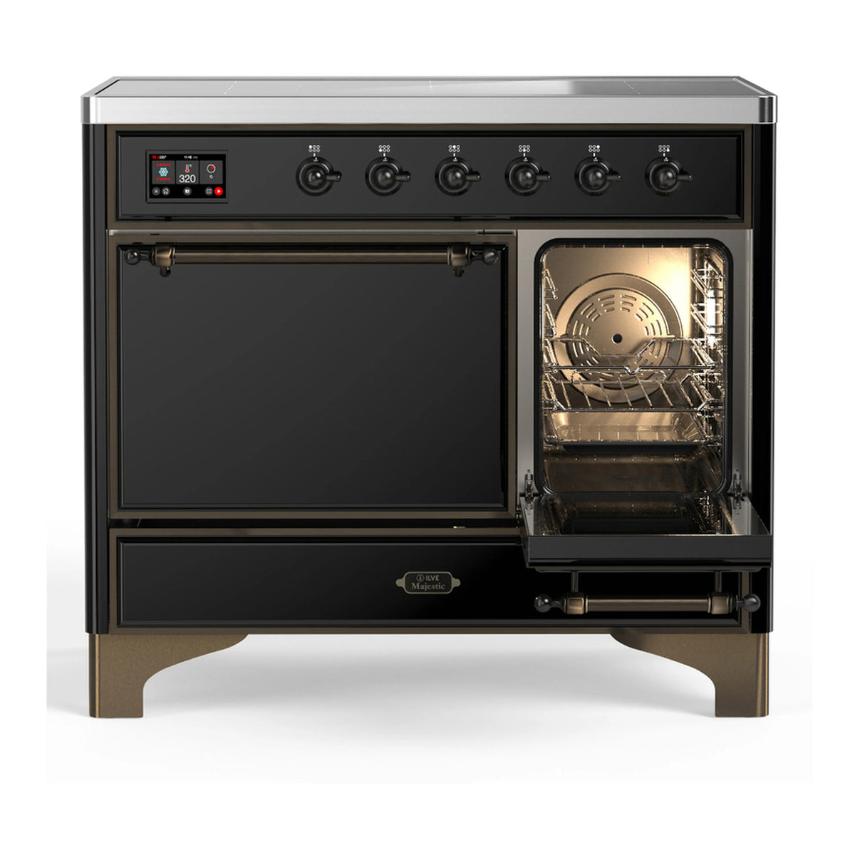 Glossy black induction range with right oven door open, visible oven interior