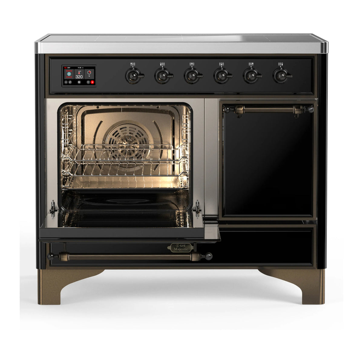 Induction range with oven door open, showing full oven cavity and wire racks