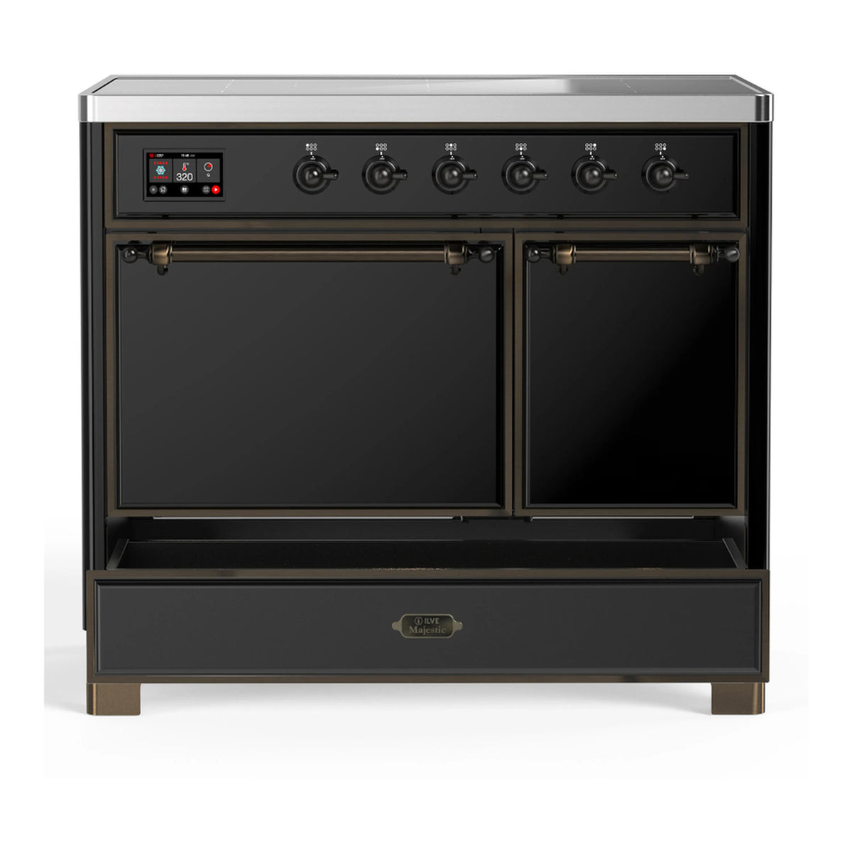 Glossy black induction range with both oven doors closed, front view