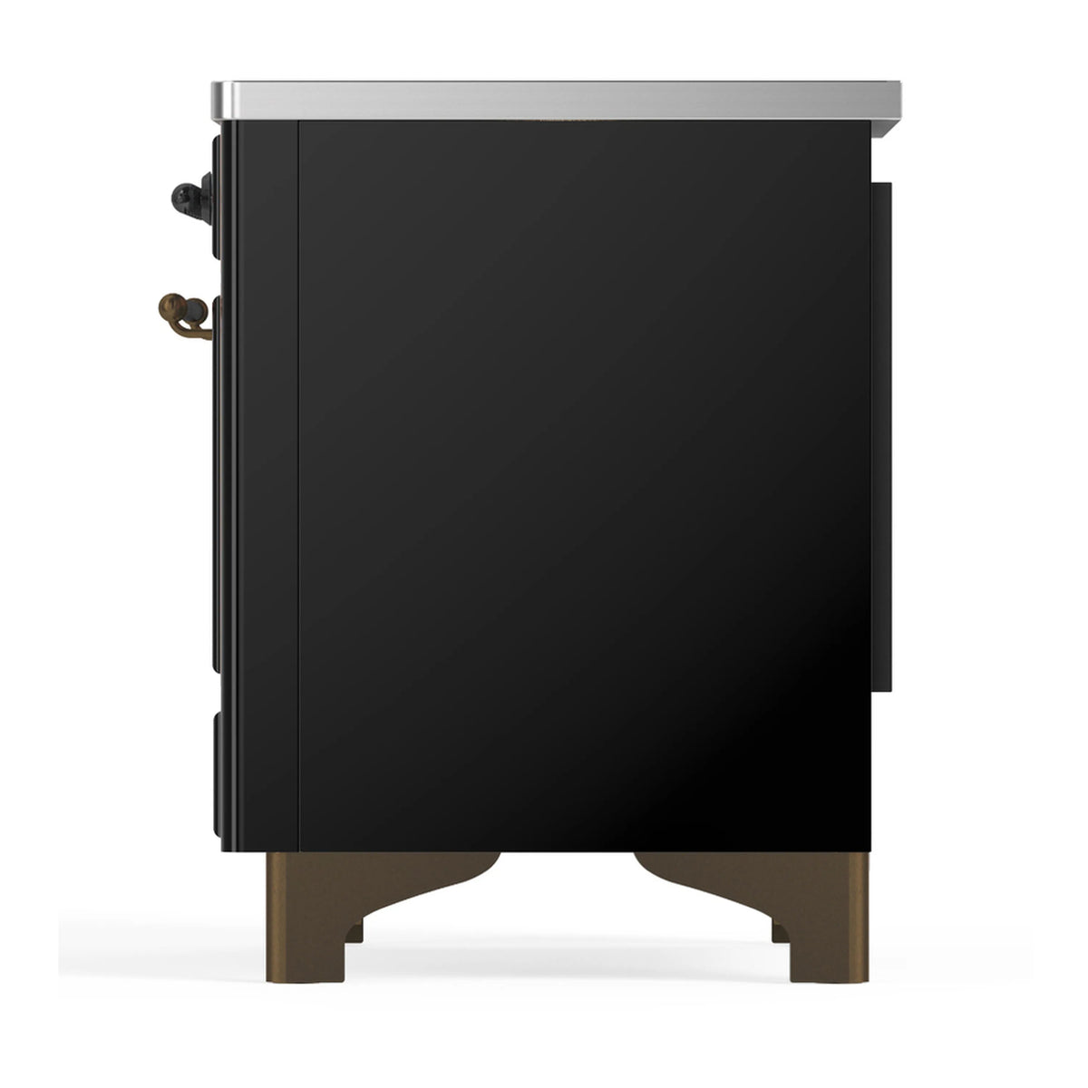 Rear side view of glossy black induction range with brass-toned handles and trim