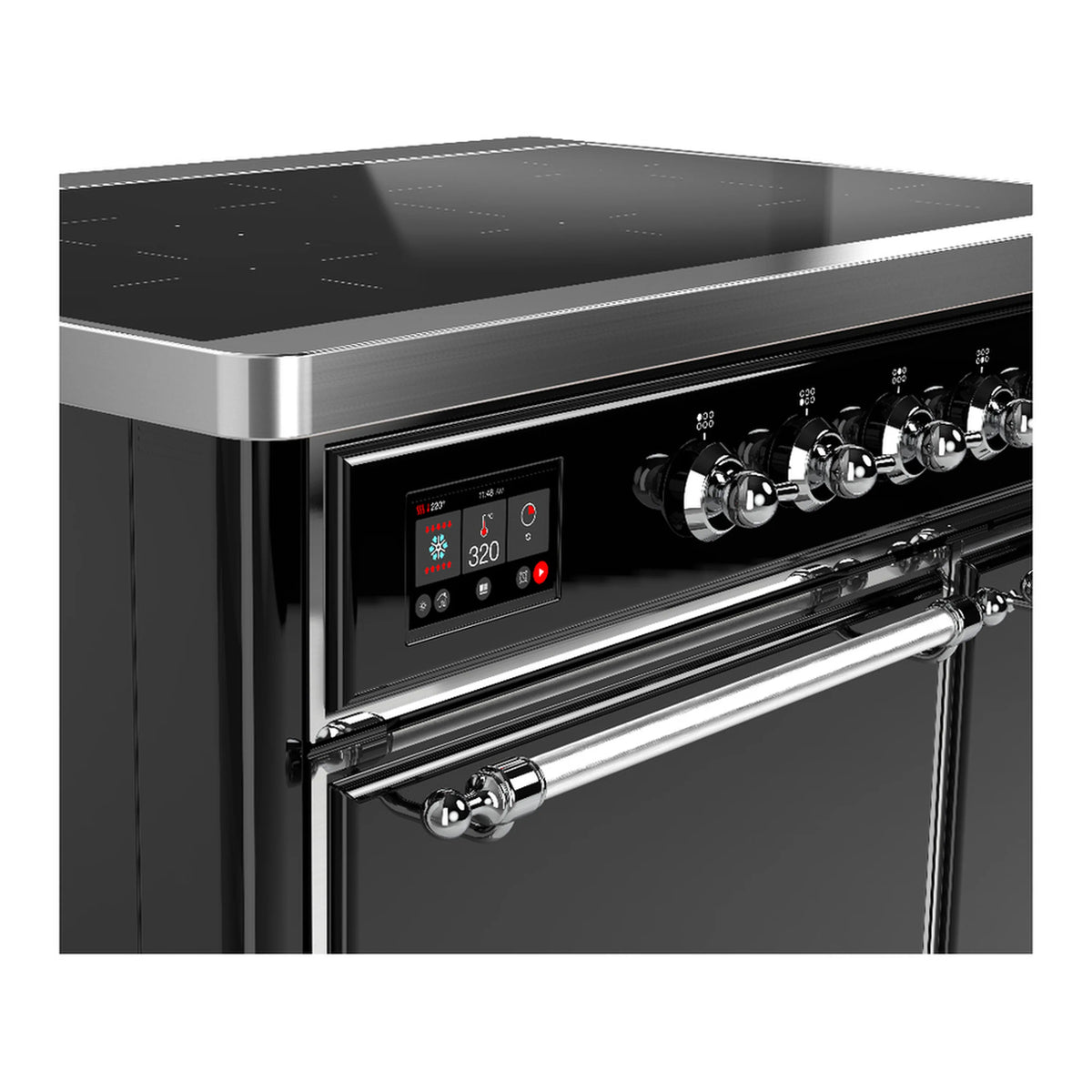 Close-up of chrome handle and induction control panel with knobs on glossy black range